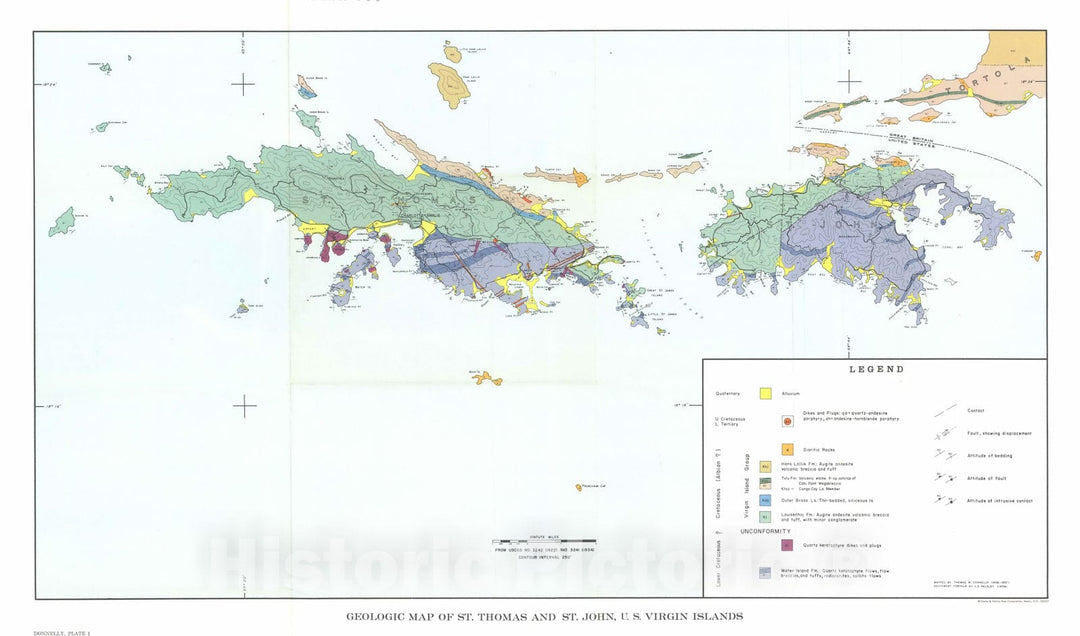 Map : Geology of St. Thomas and St. John, U.S. Virgin Islands, 1966 Cartography Wall Art :