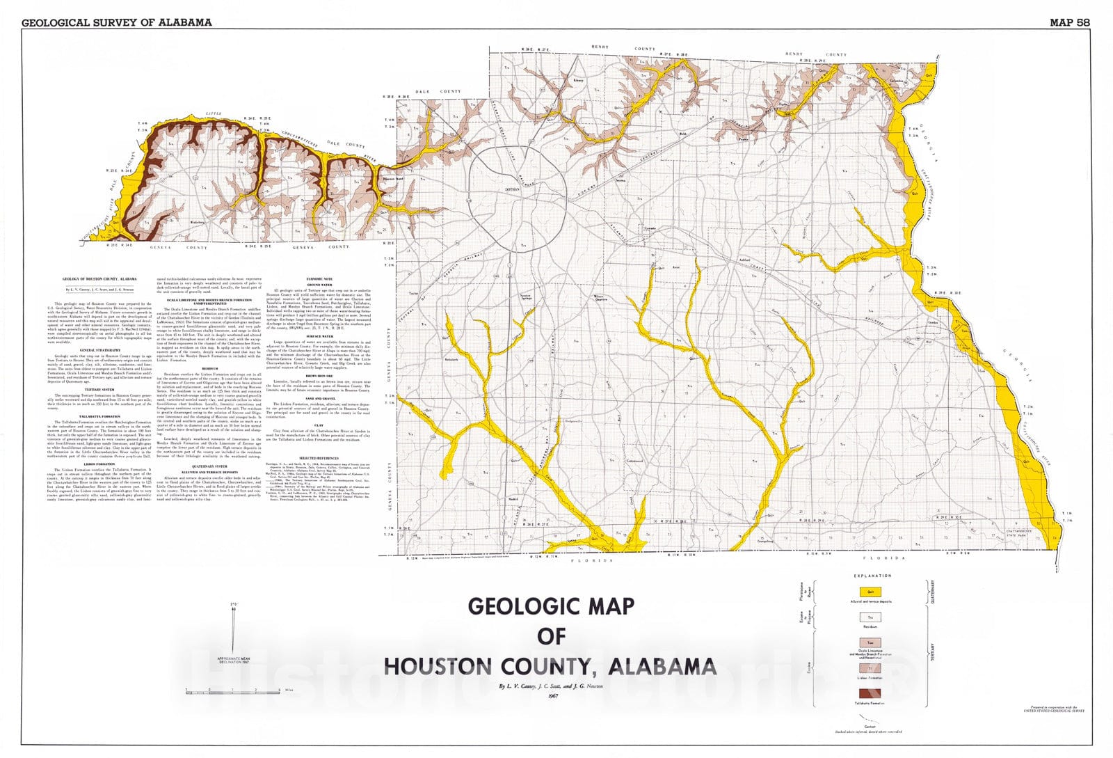 Map : Geologic map of Houston County, Alabama, 1967 Cartography Wall Art :