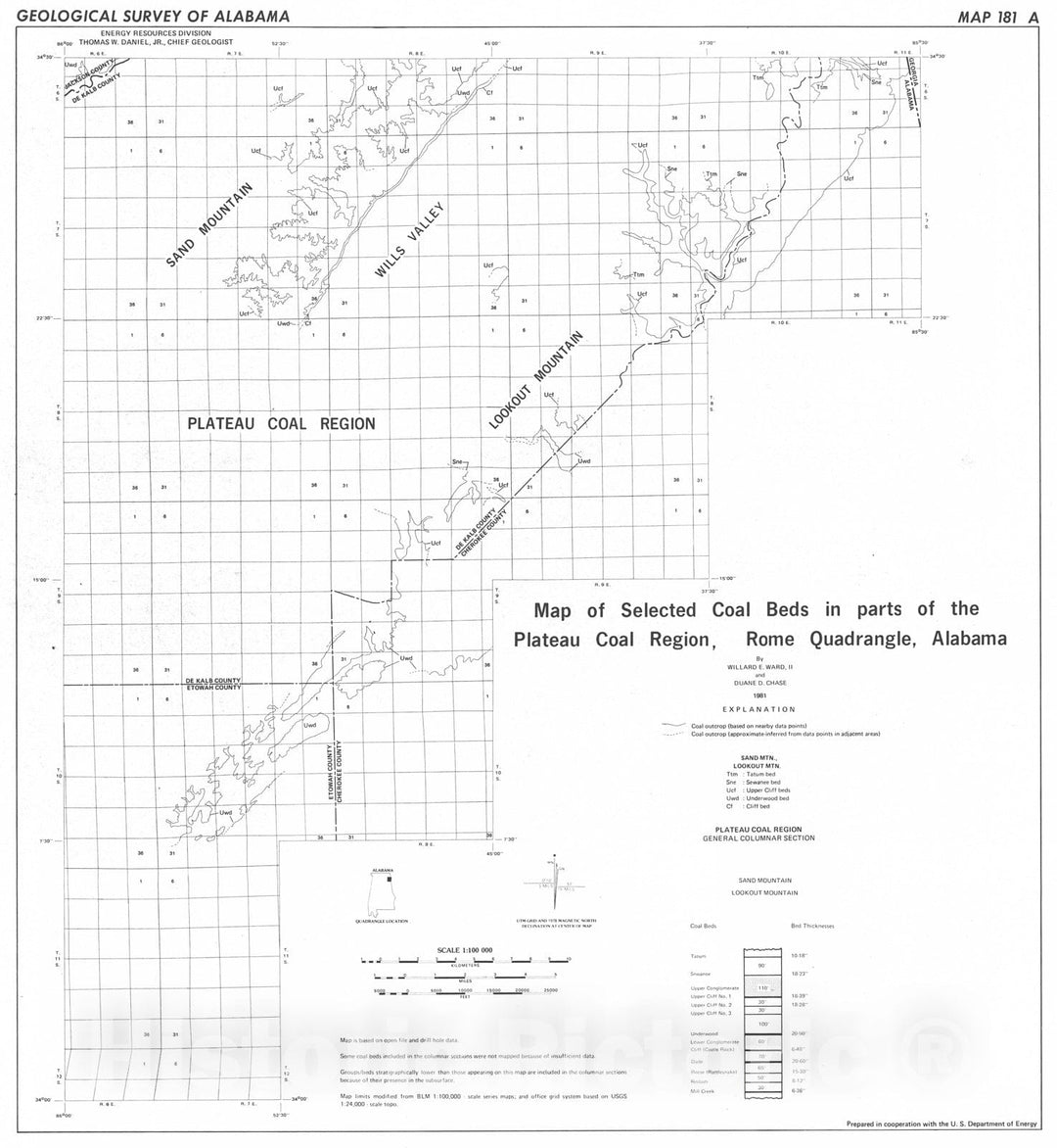 Map : Map of selected coal beds in parts of the Plateau coal region, Rome Quadrangle, Alabama, 1981 Cartography Wall Art :