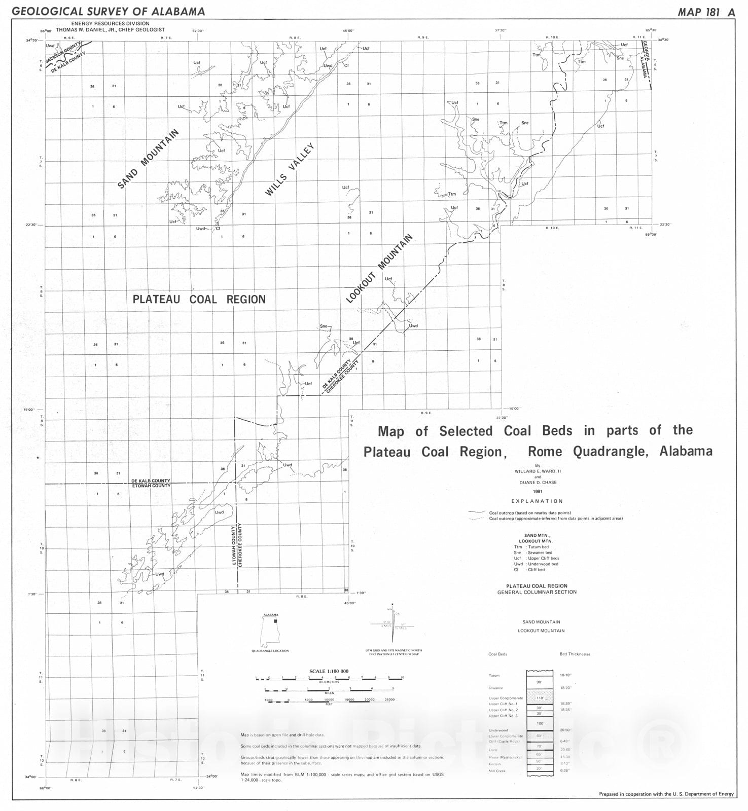 Map : Map of selected coal beds in parts of the Plateau coal region, Rome Quadrangle, Alabama, 1981 Cartography Wall Art :