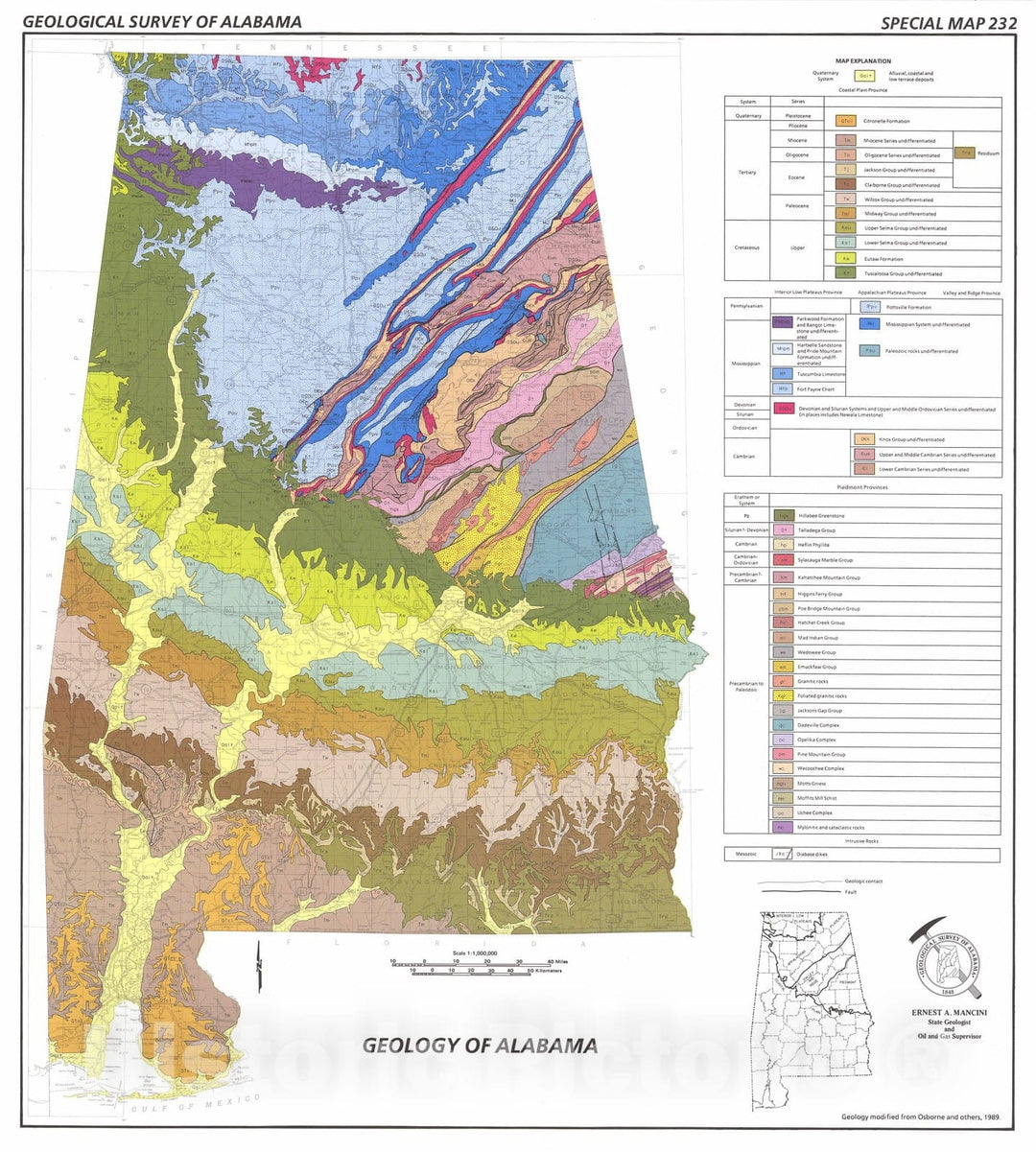 Map : Geologic map of Alabama, 1992 Cartography Wall Art :