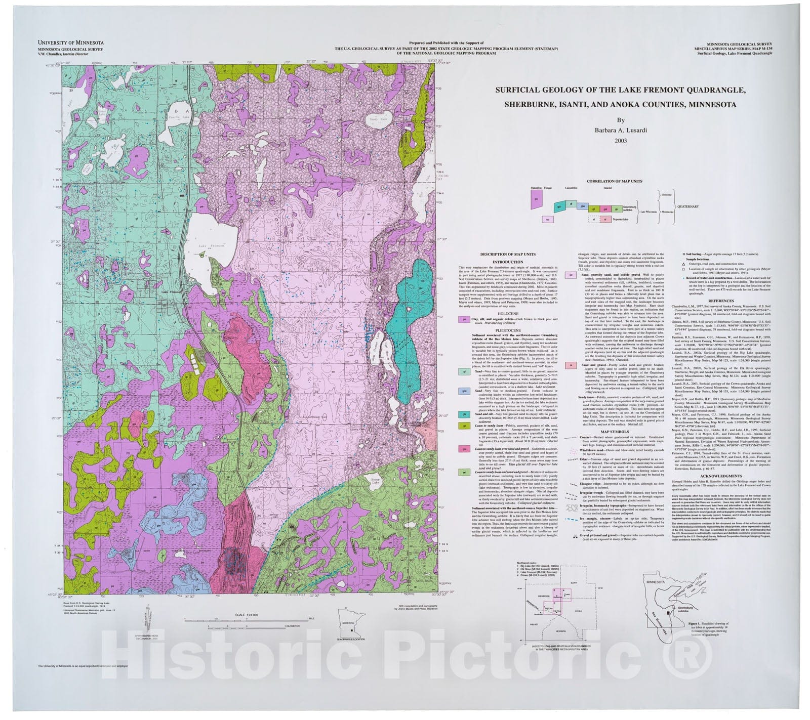 Map : Surficial geology of the Lake Fremont quadrangle, Sherburne, Isanti, and Anoka Counties, East-Central Minnesota, 2003 Cartography Wall Art :