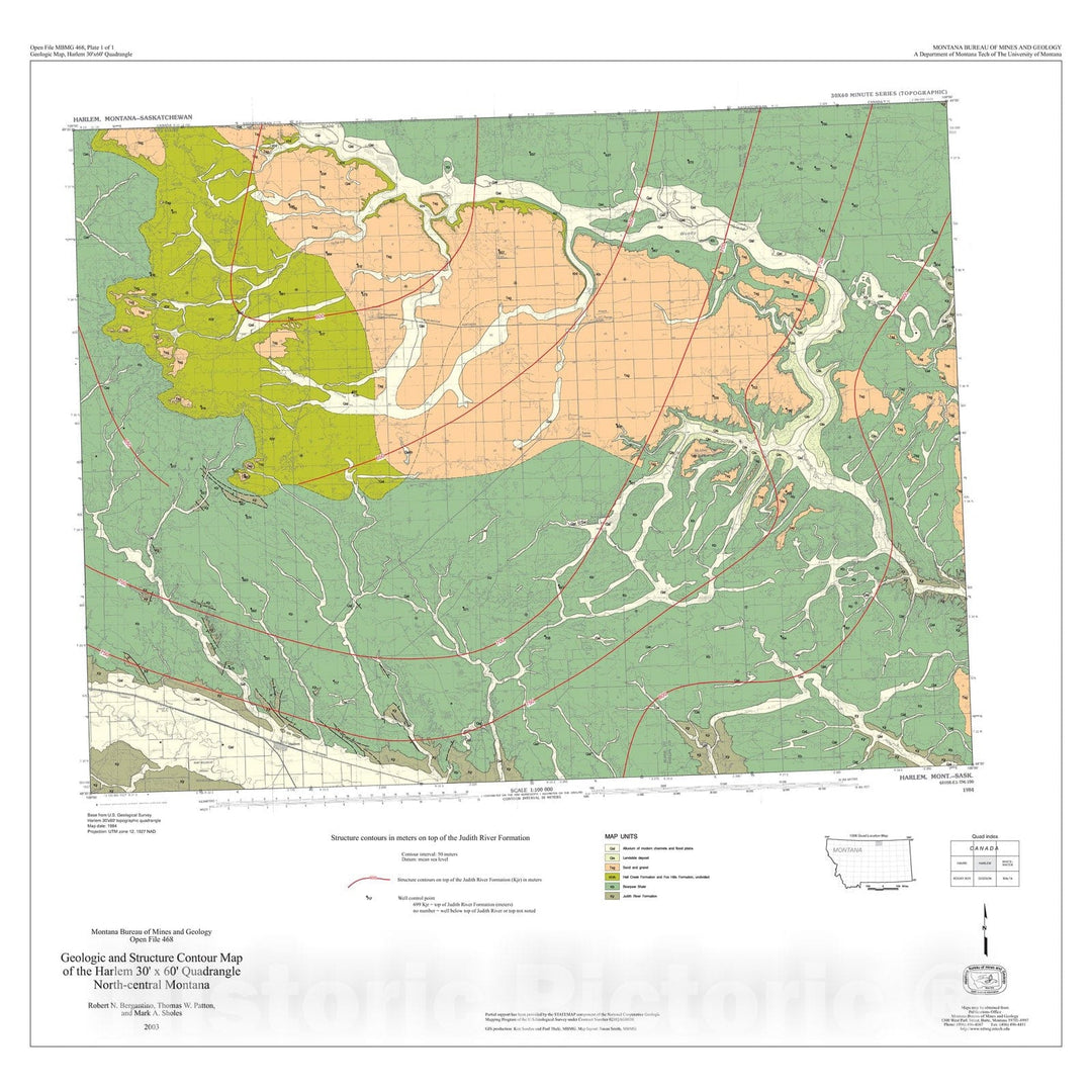 Map : Geologic and structure contour map of the Harlem 30' x 60' quadrangle, north-central Montana, 2003 Cartography Wall Art :