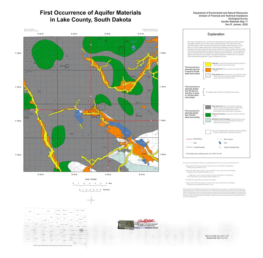 Map : First occurrence of aquifer materials in Lake County, South Dakota, 2002 Cartography Wall Art :