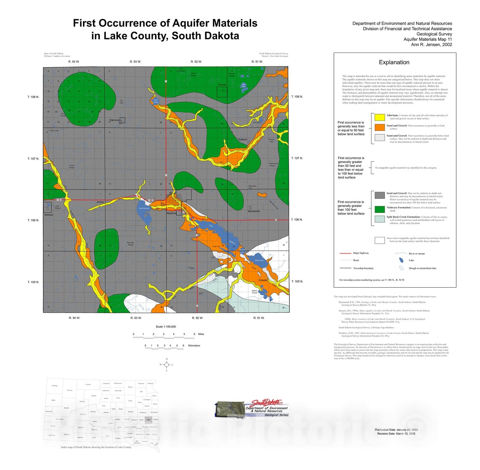 Map : First occurrence of aquifer materials in Lake County, South Dakota, 2002 Cartography Wall Art :