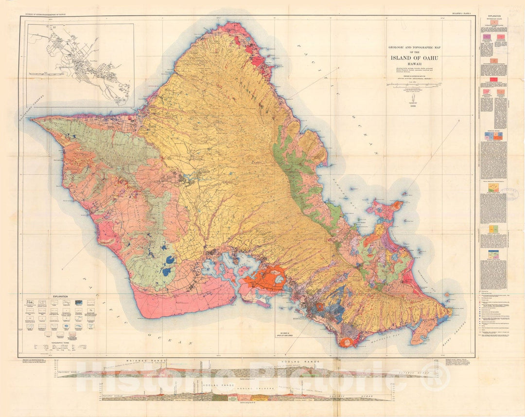 Map : Geologic map and guide of Oahu Hawaii (with a chapter on mineral resources), 1939 Cartography Wall Art :