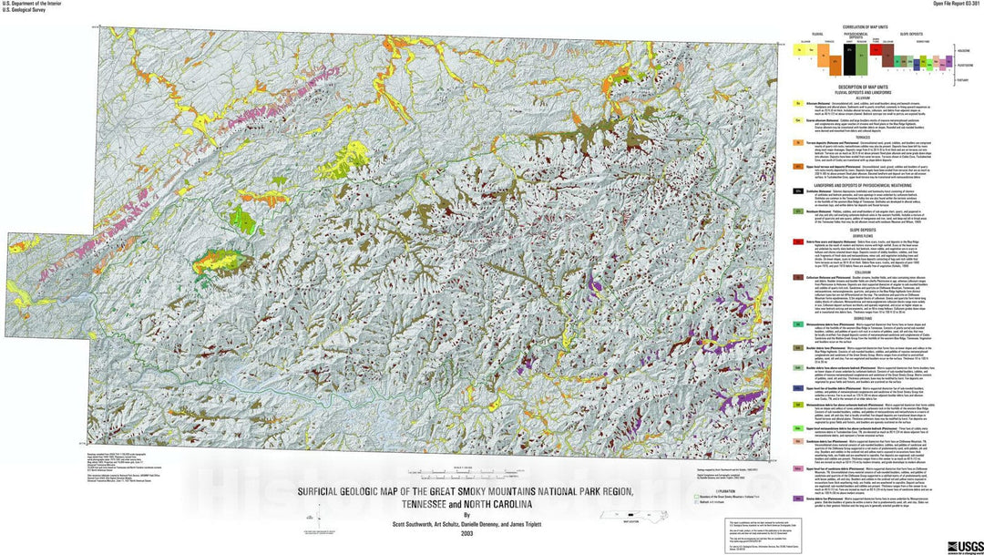 Map : Surficial geologic map of the Great Smoky Mountains National Park region, Tennessee and North Carolina, 2003 Cartography Wall Art :