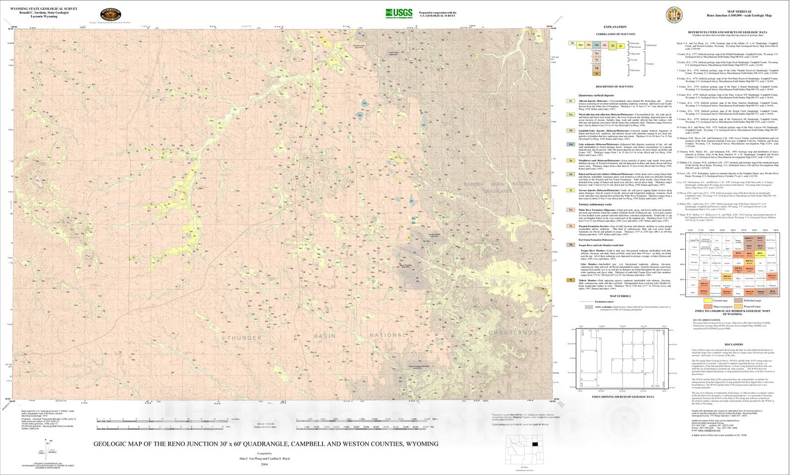 Map : Geologic map of the Reno Junction 30' x 60' Quadrangle, Campbell and Weston Counties, Wyoming, 2003 Cartography Wall Art :