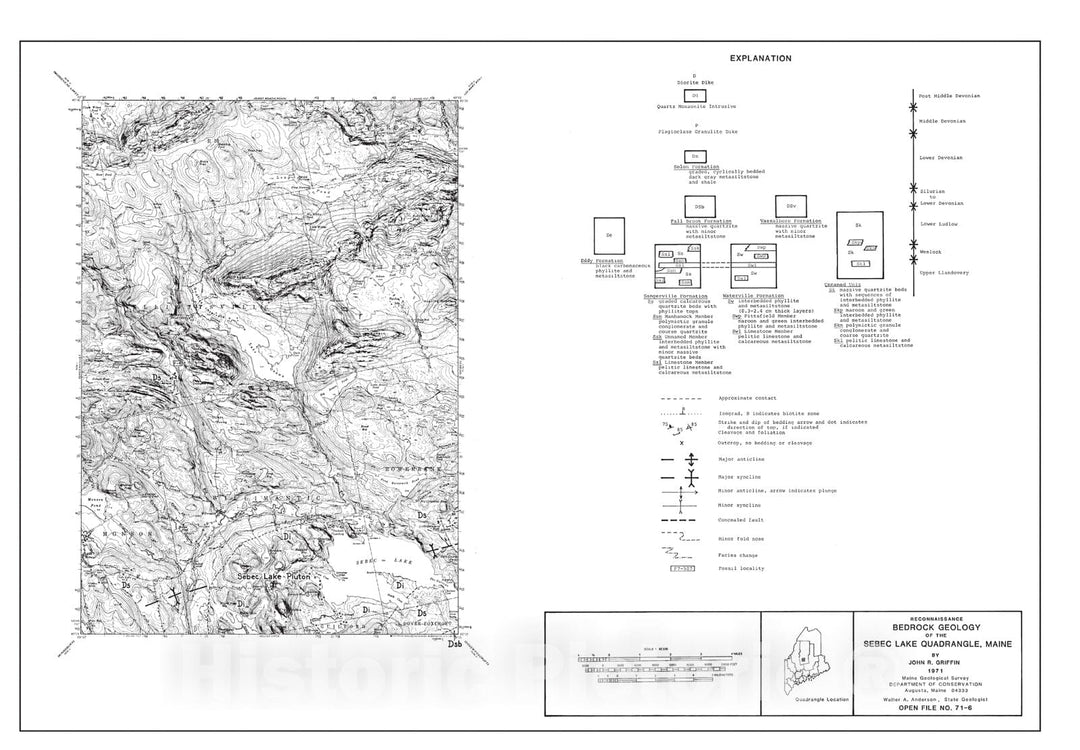 Map : Reconnaissance Bedrock Geology of the Sebec Lake Quadrangle, Maine, 1971 Cartography Wall Art :