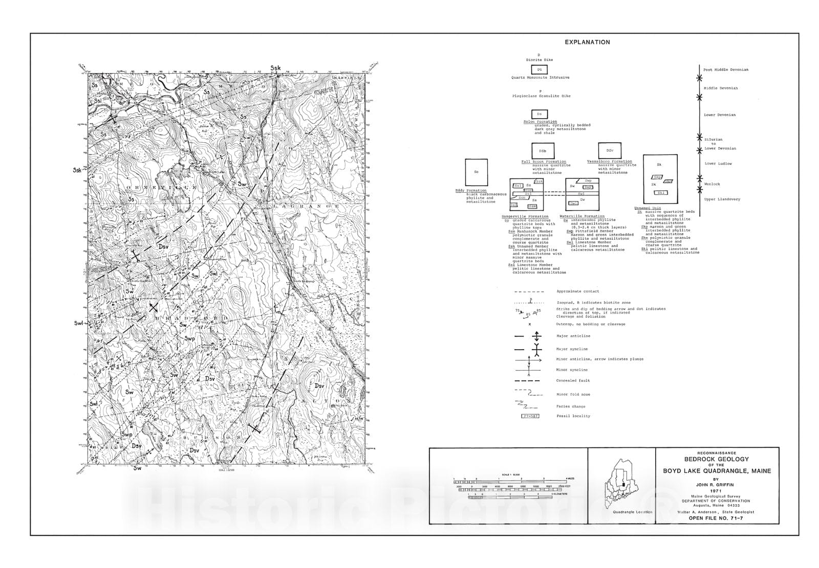 Map : Reconnaissance Bedrock Geology of the Boyd Lake Quadrangle, Maine, 1971 Cartography Wall Art :