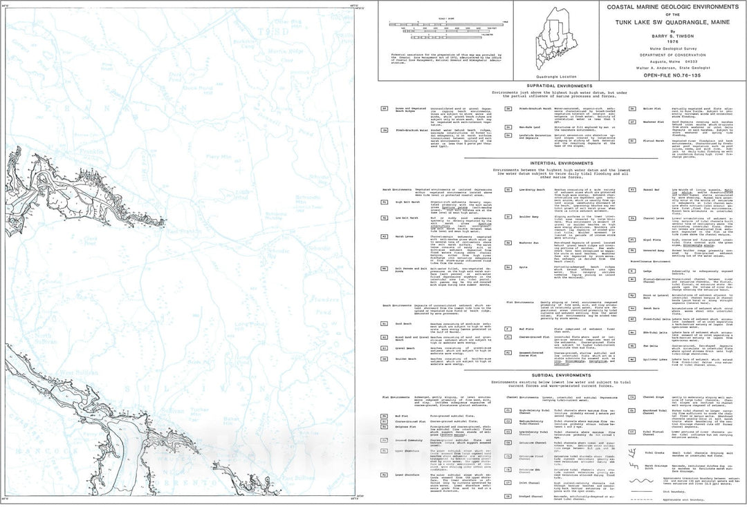 Map : Coastal Marine Geologic Environments of the Tunk Lake SW [Sullivan 7.5'] Quadrangle, Maine, 1976 Cartography Wall Art :