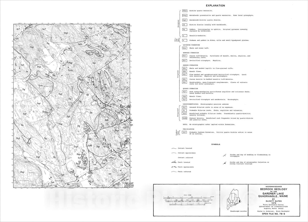 Map : Reconnaissance Bedrock Geology of the Gardner Lake 15' Quadrangle, Maine, 1978 Cartography Wall Art :