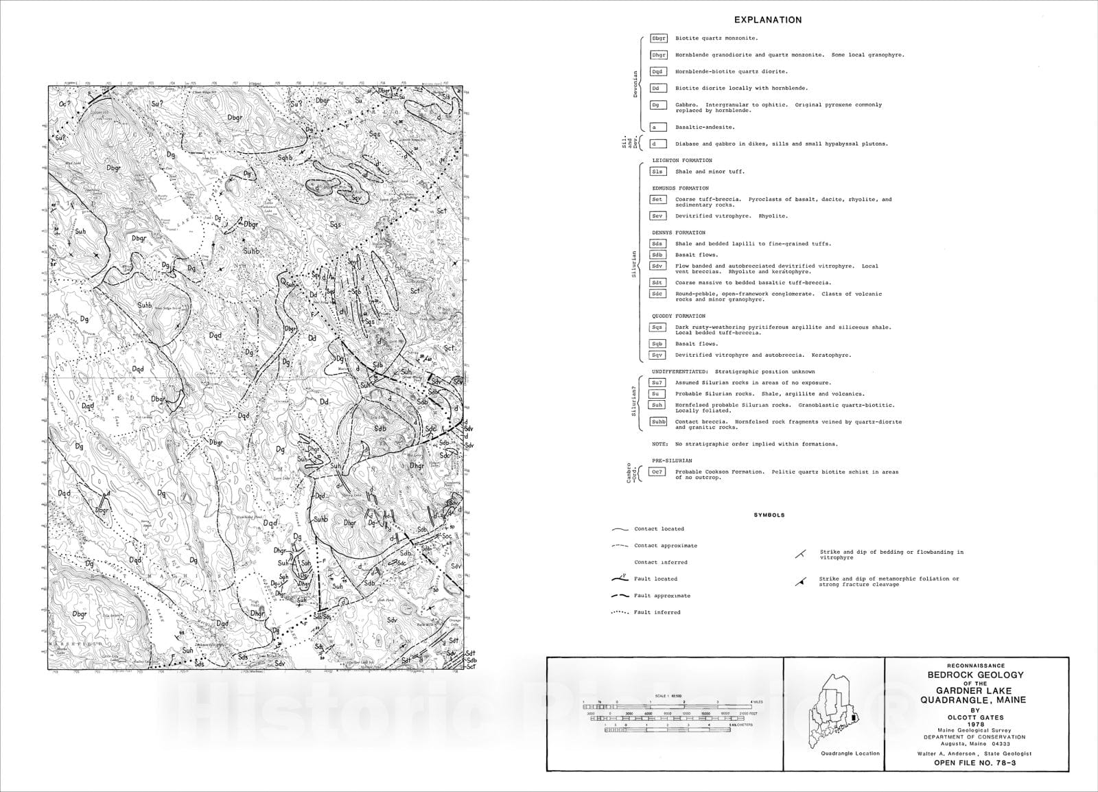 Map : Reconnaissance Bedrock Geology of the Gardner Lake 15' Quadrangle, Maine, 1978 Cartography Wall Art :