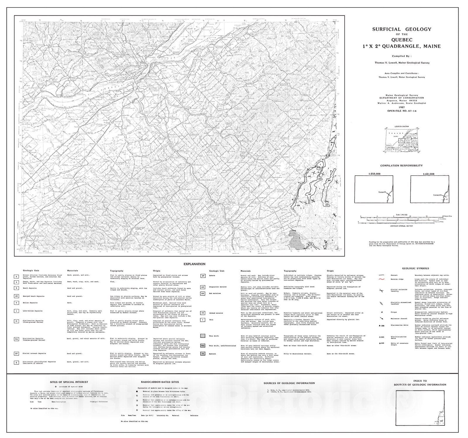 Map : Surficial Geology of the Quebec 1-degree x 2-degree Quadrangle, Maine, 1987 Cartography Wall Art :