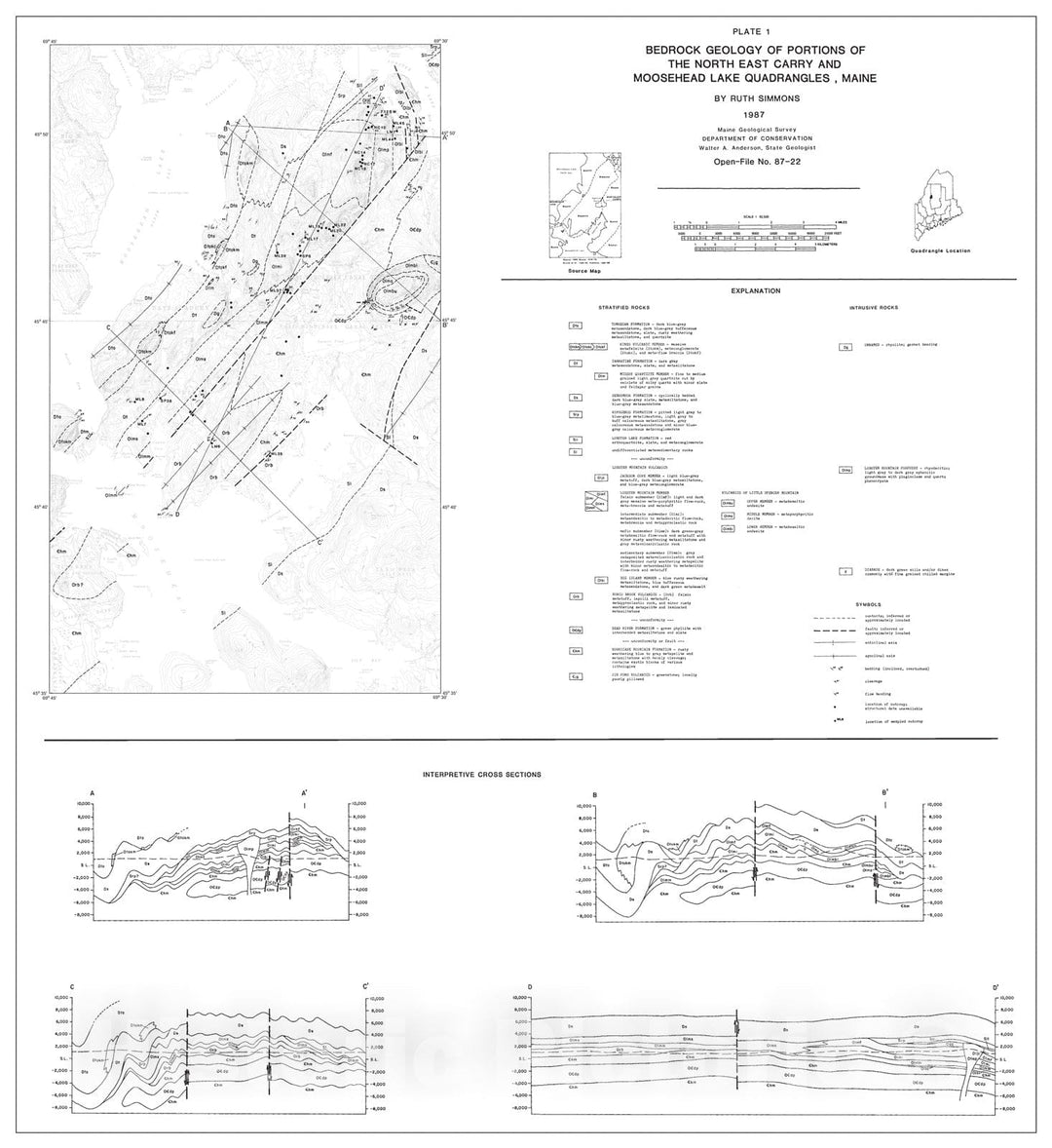 Map : Bedrock Geology of Portions of the North East Carry and Moosehead Lake Quadrangles, Maine, 1987 Cartography Wall Art :