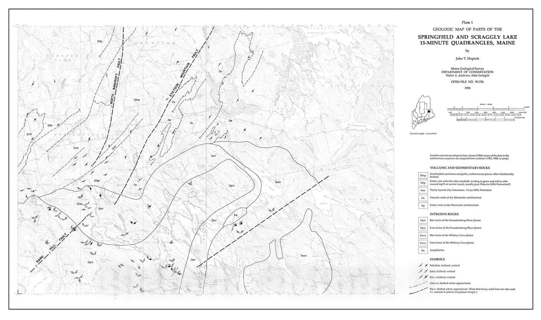 Map : Tectonic Fabrics of the Passadumkean River Pluton, Bottle Lake Complex, Springfield and Scraggly Lake 15-minute Quadrangles, 1990 Cartography Wall Art :