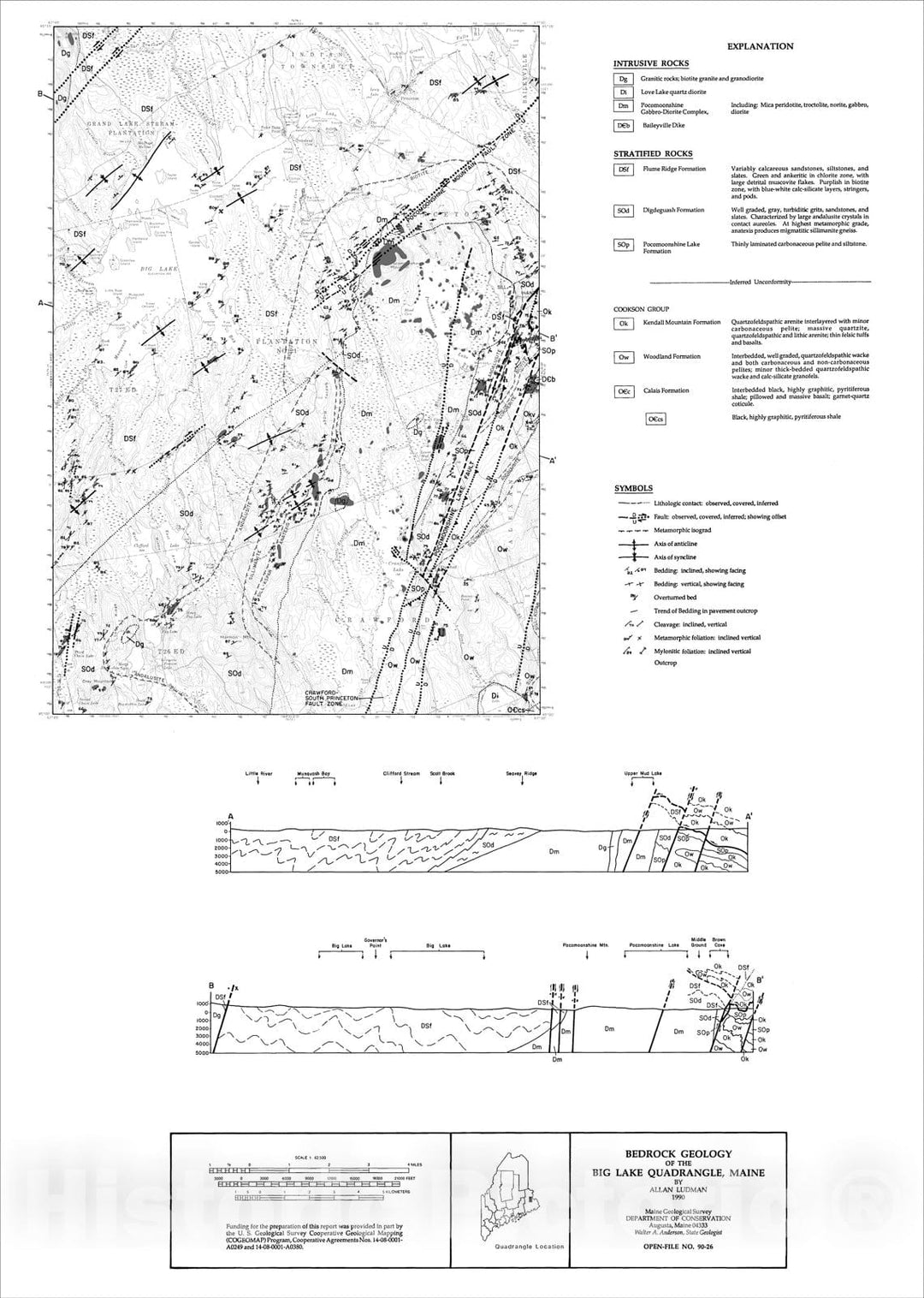 Map : Bedrock Geology of the Big Lake 15' Quadrangle, Maine, 1990 Cartography Wall Art :