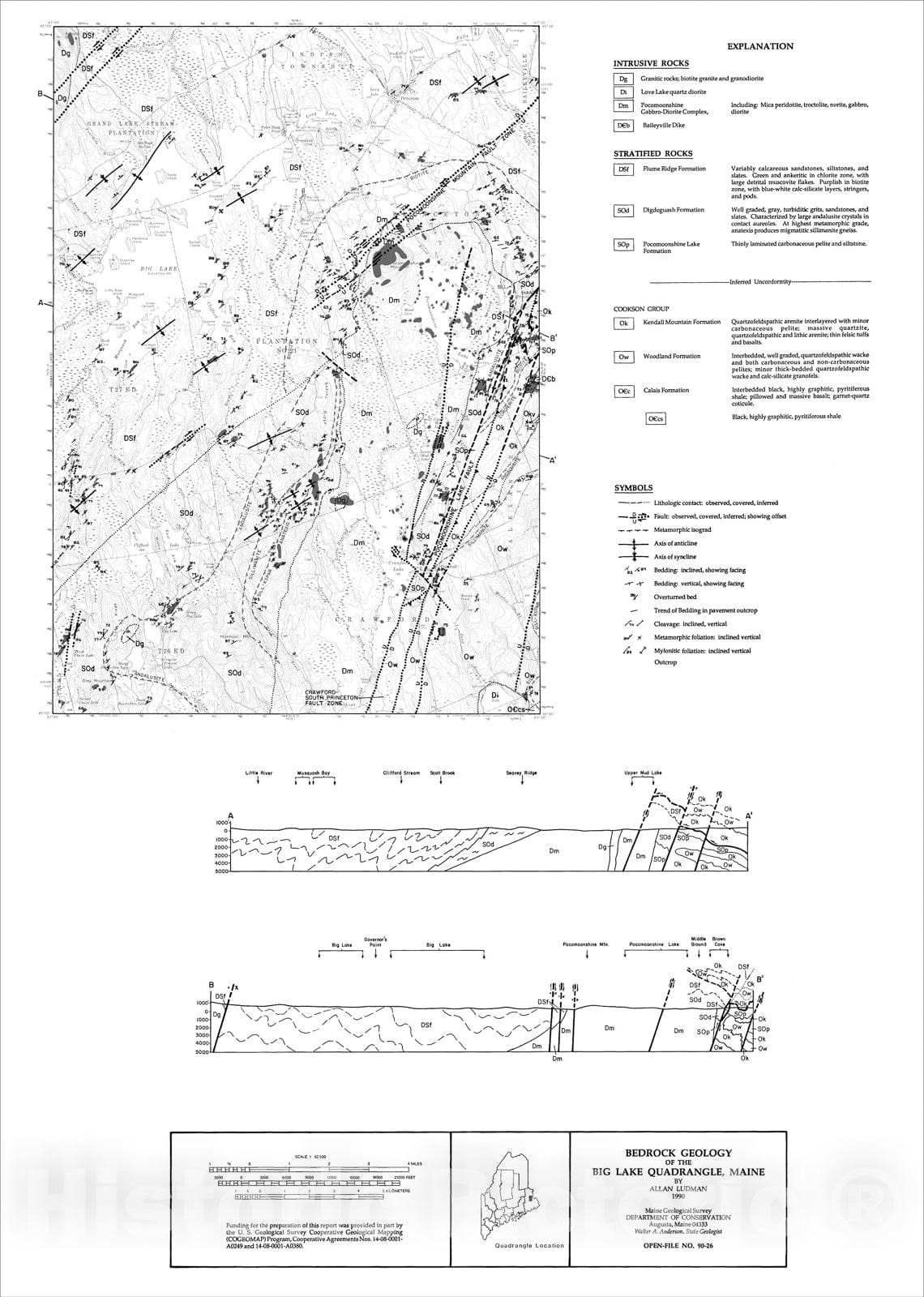 Map : Bedrock Geology of the Big Lake 15' Quadrangle, Maine, 1990 Cartography Wall Art :