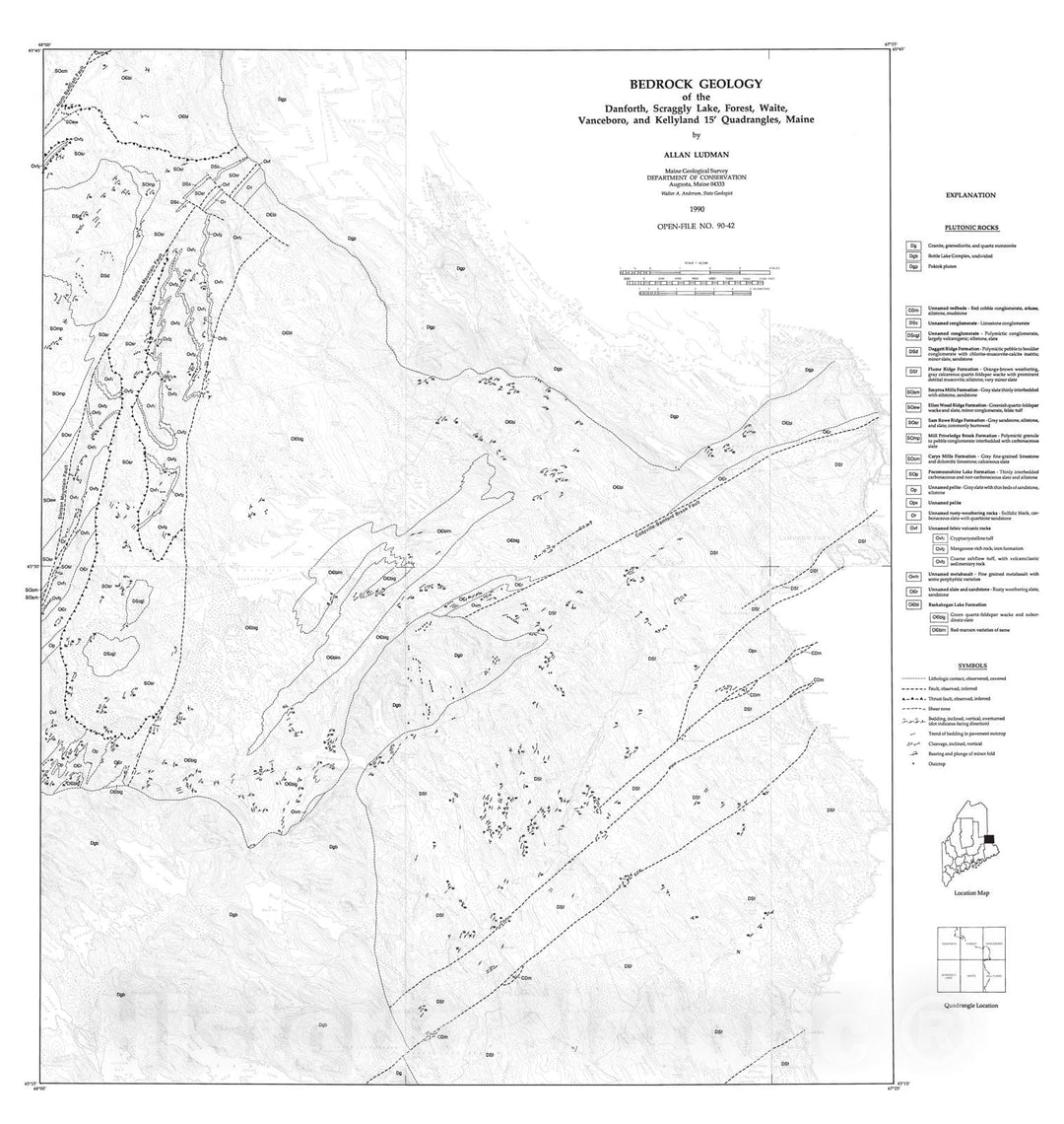 Map : Revised Bedrock Geology of the Danforth, Scraggly Lake, Forest, Waite, Vanceboro, and Kellyland 15' Quadrangles, Maine, 1990 Cartography Wall Art :