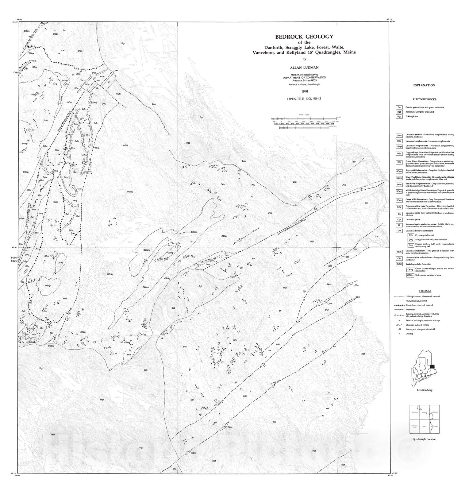 Map : Revised Bedrock Geology of the Danforth, Scraggly Lake, Forest, Waite, Vanceboro, and Kellyland 15' Quadrangles, Maine, 1990 Cartography Wall Art :