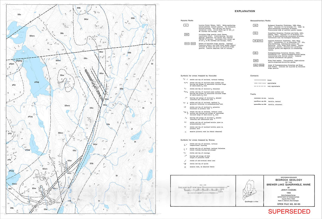 Map : Reconnaissance bedrock geology of the Brewer Lake 7.5' quadrangle, Maine, 1992 Cartography Wall Art :