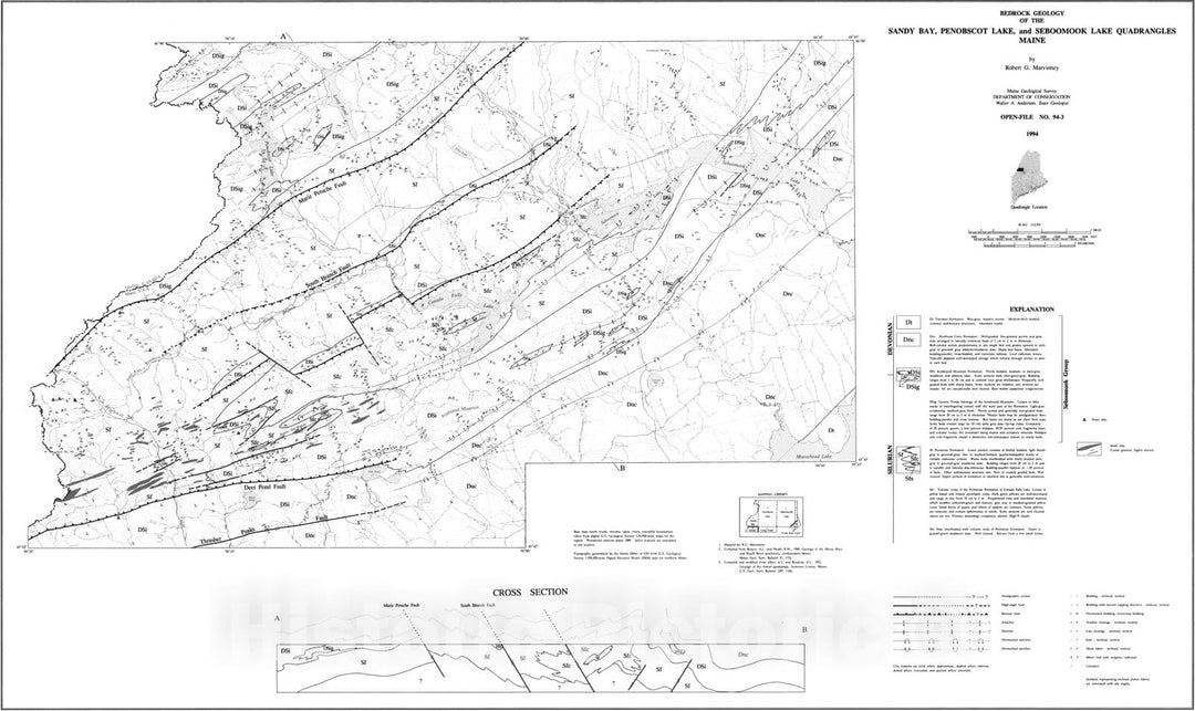 Map : Bedrock Geology of the Sandy Bay, Penobscot Lake, and Seboomook Lake Quadrangles, Maine, 1994 Cartography Wall Art :