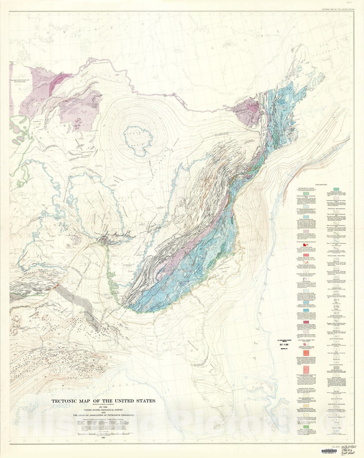 Map : Tectonic map of the United States, exclusive of Alaska and Hawaii, 1962 Cartography Wall Art :