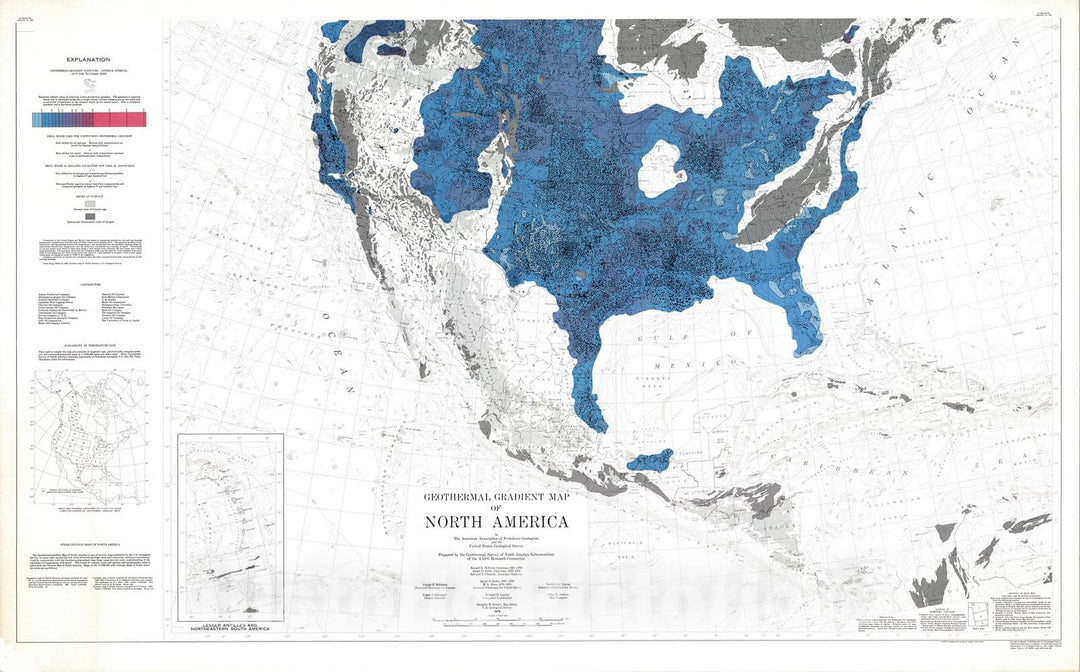 Map : Geothermal gradient map of North America, 1976 Cartography Wall Art :