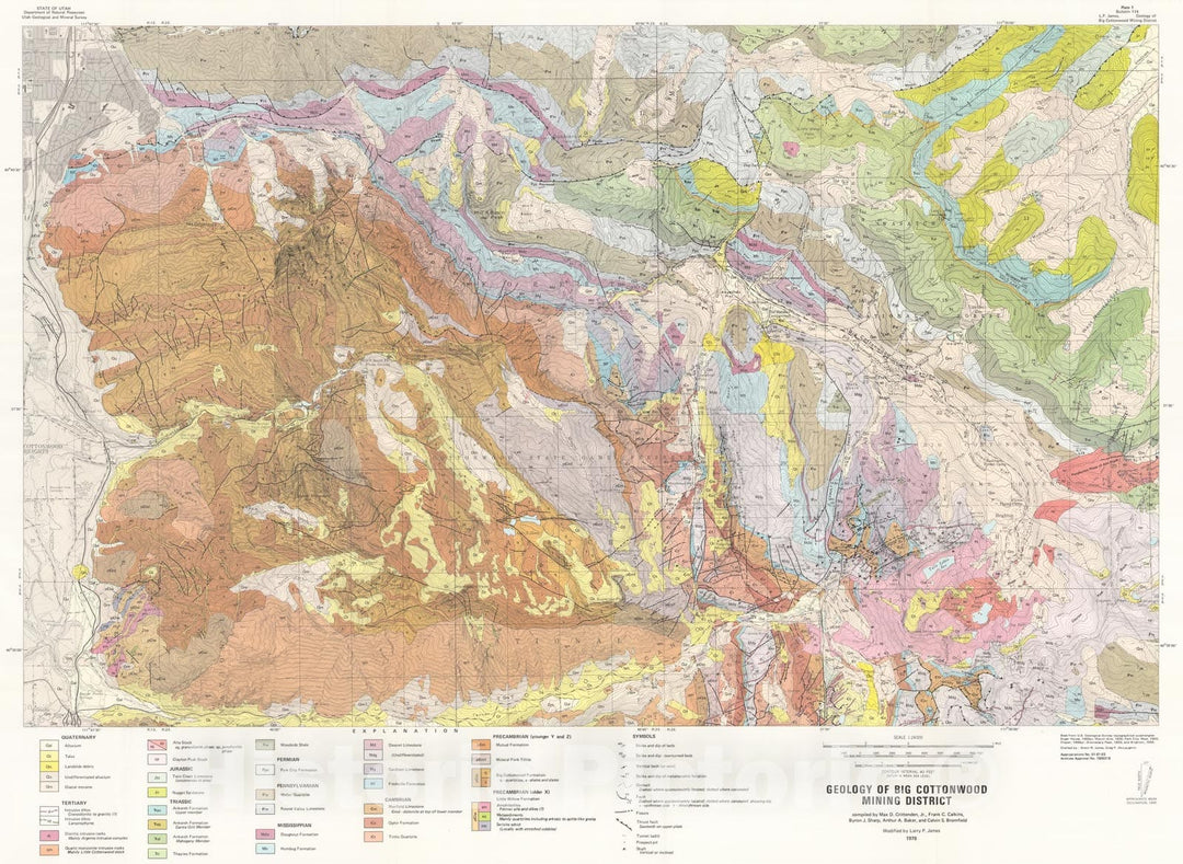 Map : Geology, ore deposits, and history of the Big Cottonwood mining district, Salt Lake County, Utah, 1978 Cartography Wall Art :