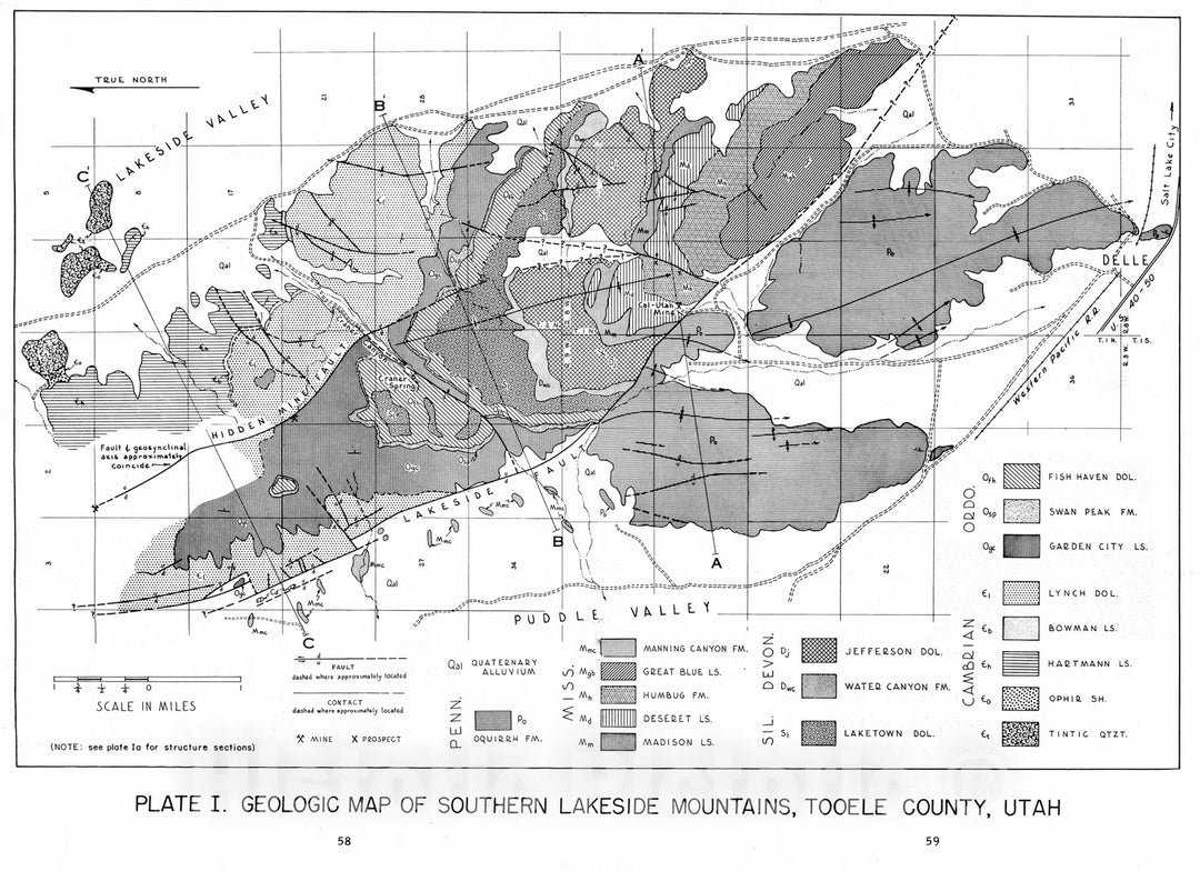 Map : Geology of the southern Lakeside Mountains, Utah, 1955 Cartography Wall Art :