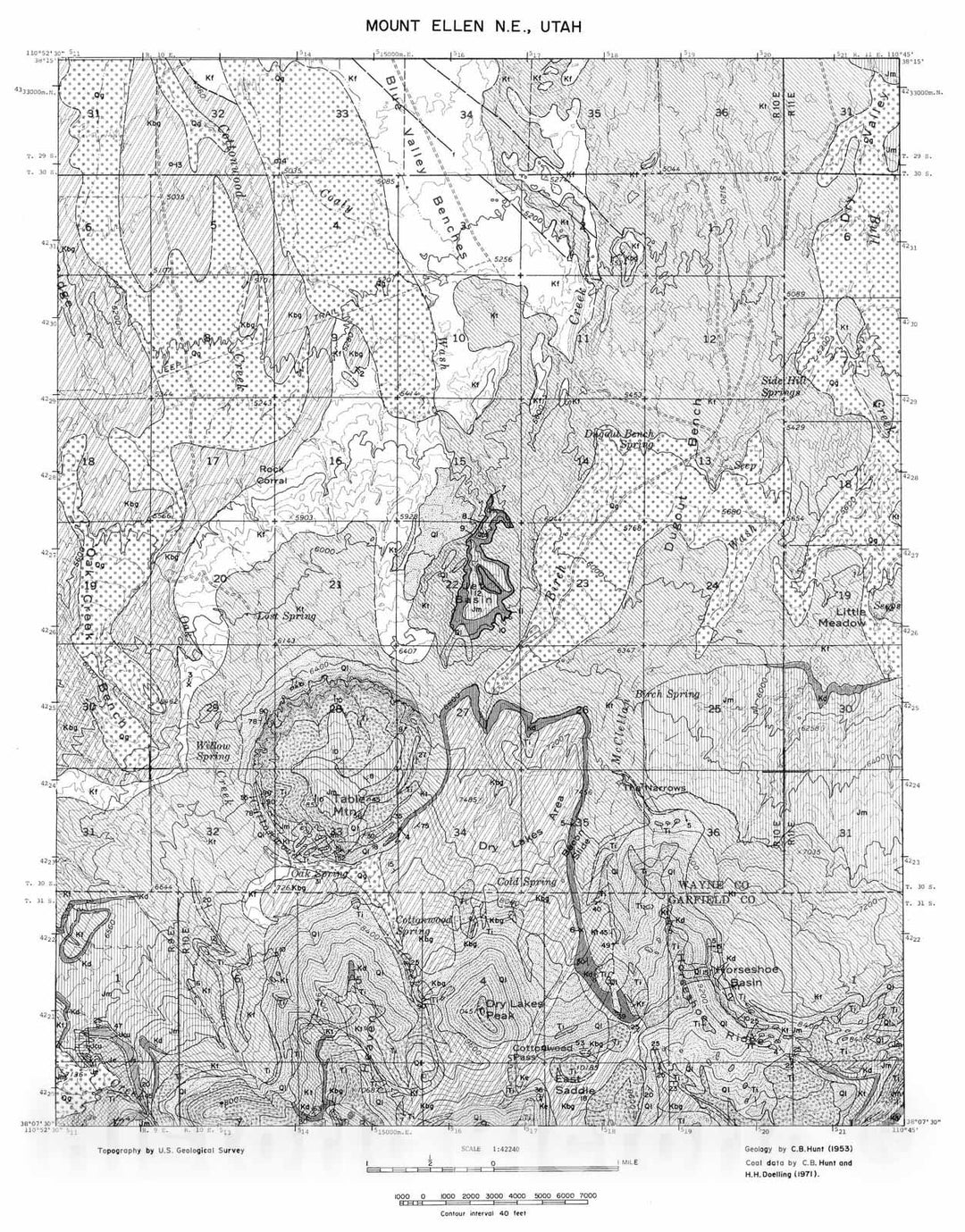 Map : Coal and geology map, Mount Ellen NE [Dry Lakes Peak] quadrangle, 1972 Cartography Wall Art :