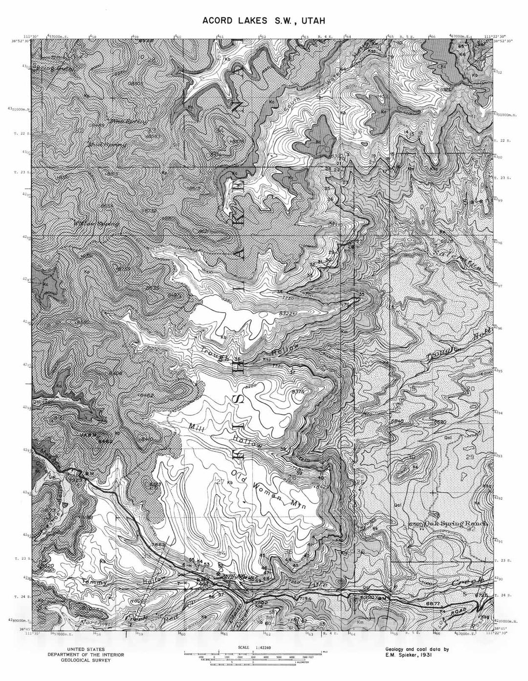 Map : Coal and geology map, Acord Lakes SW [Old Woman Plateau] quadrangle, 1972 Cartography Wall Art :