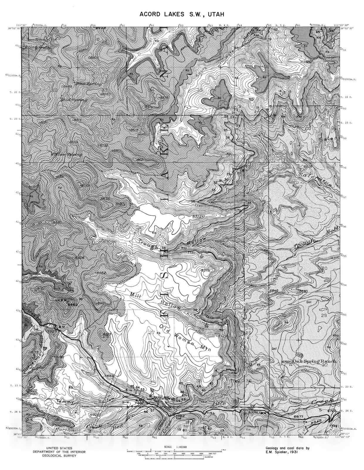 Map : Coal and geology map, Acord Lakes SW [Old Woman Plateau] quadrangle, 1972 Cartography Wall Art :