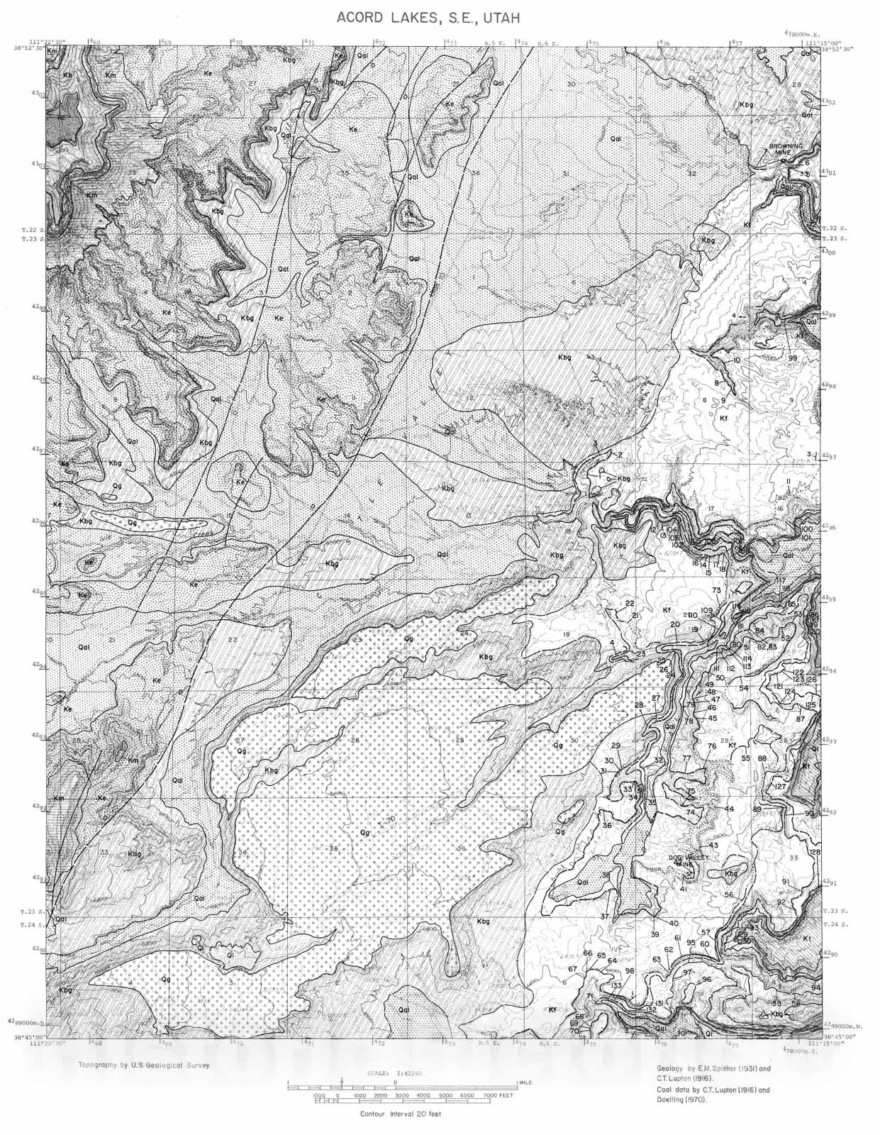 Map : Coal and geology map, Acord Lakes SE [Walker Flat] quadrangle, 1972 Cartography Wall Art :