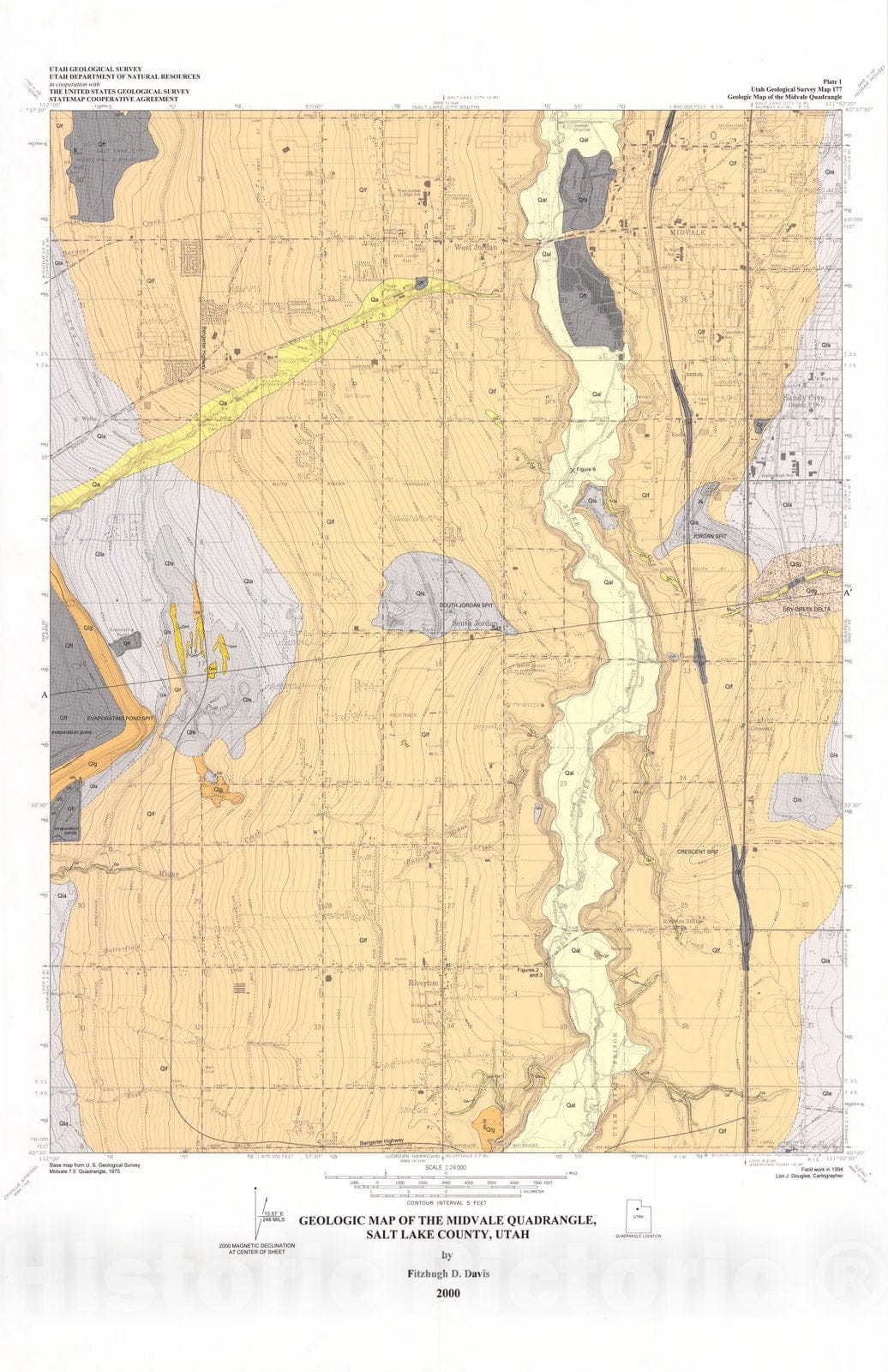 Map : Geologic map of the Midvale quadrangle, Salt Lake County, Utah, 2000 Cartography Wall Art :