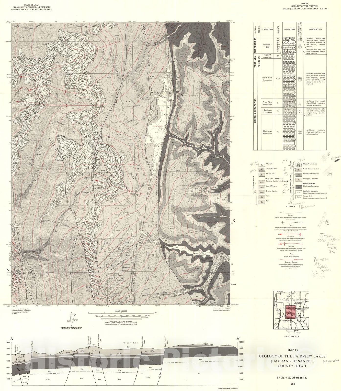 Map : Interim geologic map of the Fairview Lakes quadrangle, Sanpete County, Utah, 1980 Cartography Wall Art :