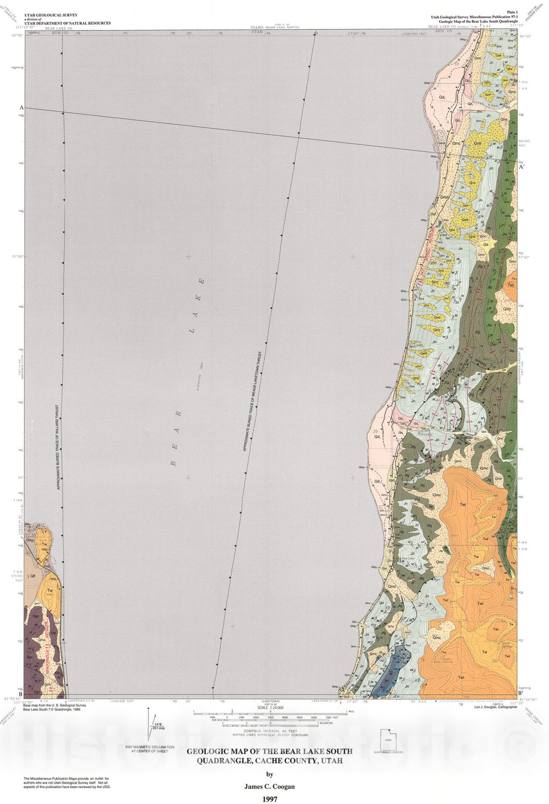 Map : Geologic map of the Bear Lake South quadrangle, Rich County, Utah, 1997 Cartography Wall Art :