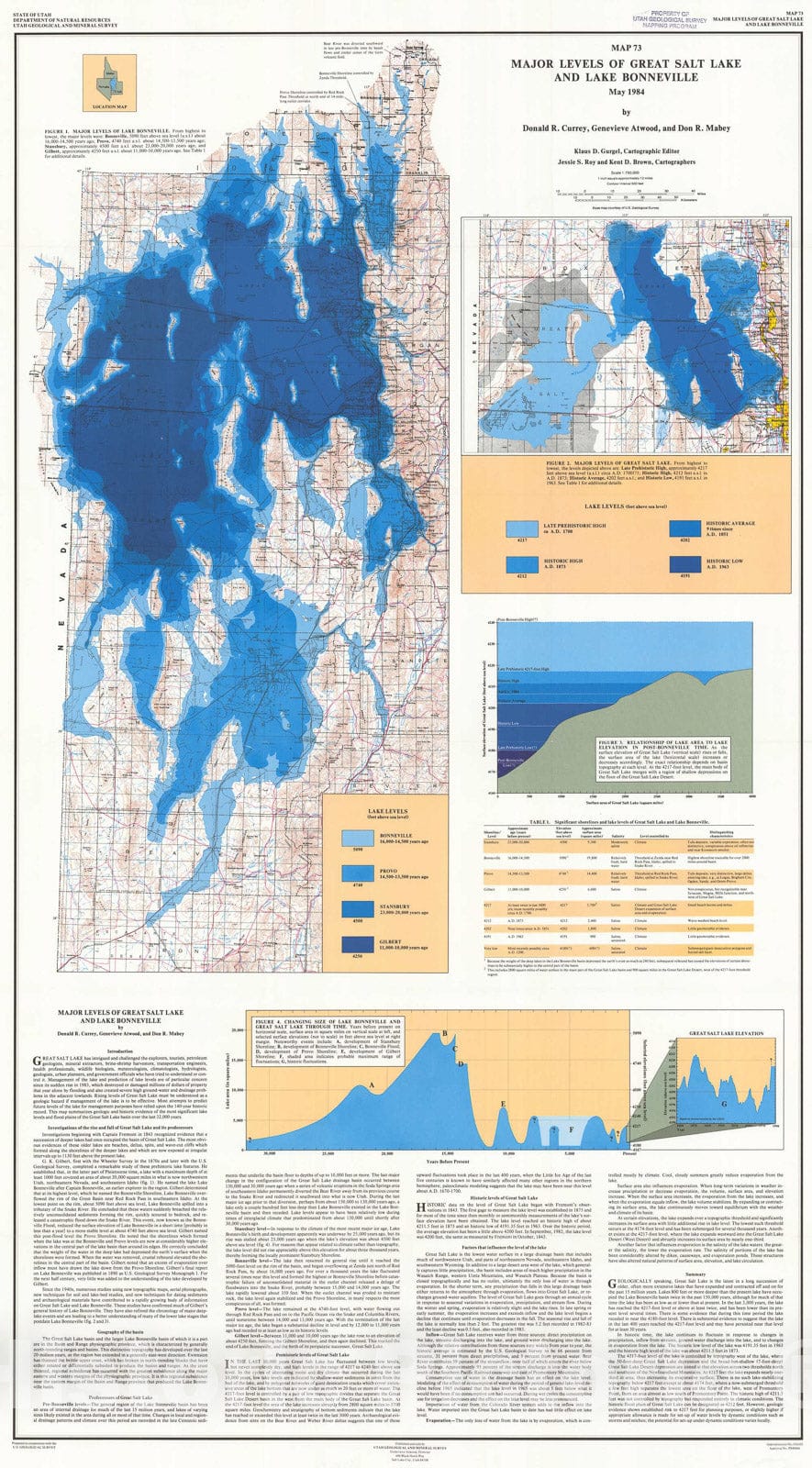 Map : Major levels of Great Salt Lake and Lake Bonneville, 1984 Cartography Wall Art :