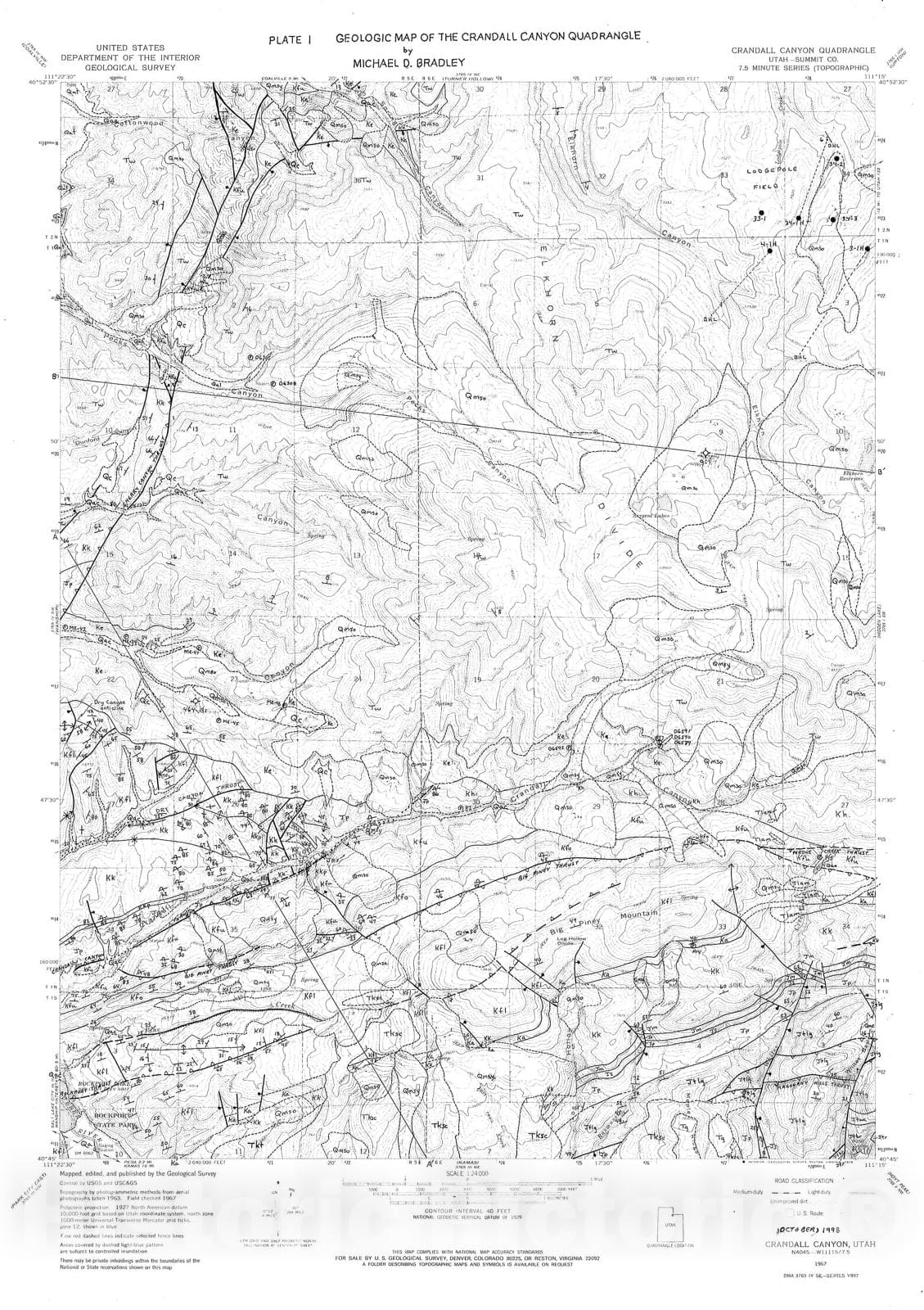 Map : Interim geologic maps of the Crandall Canyon and Hidden Lake quadrangles, Summit County, Utah, 2001 Cartography Wall Art :