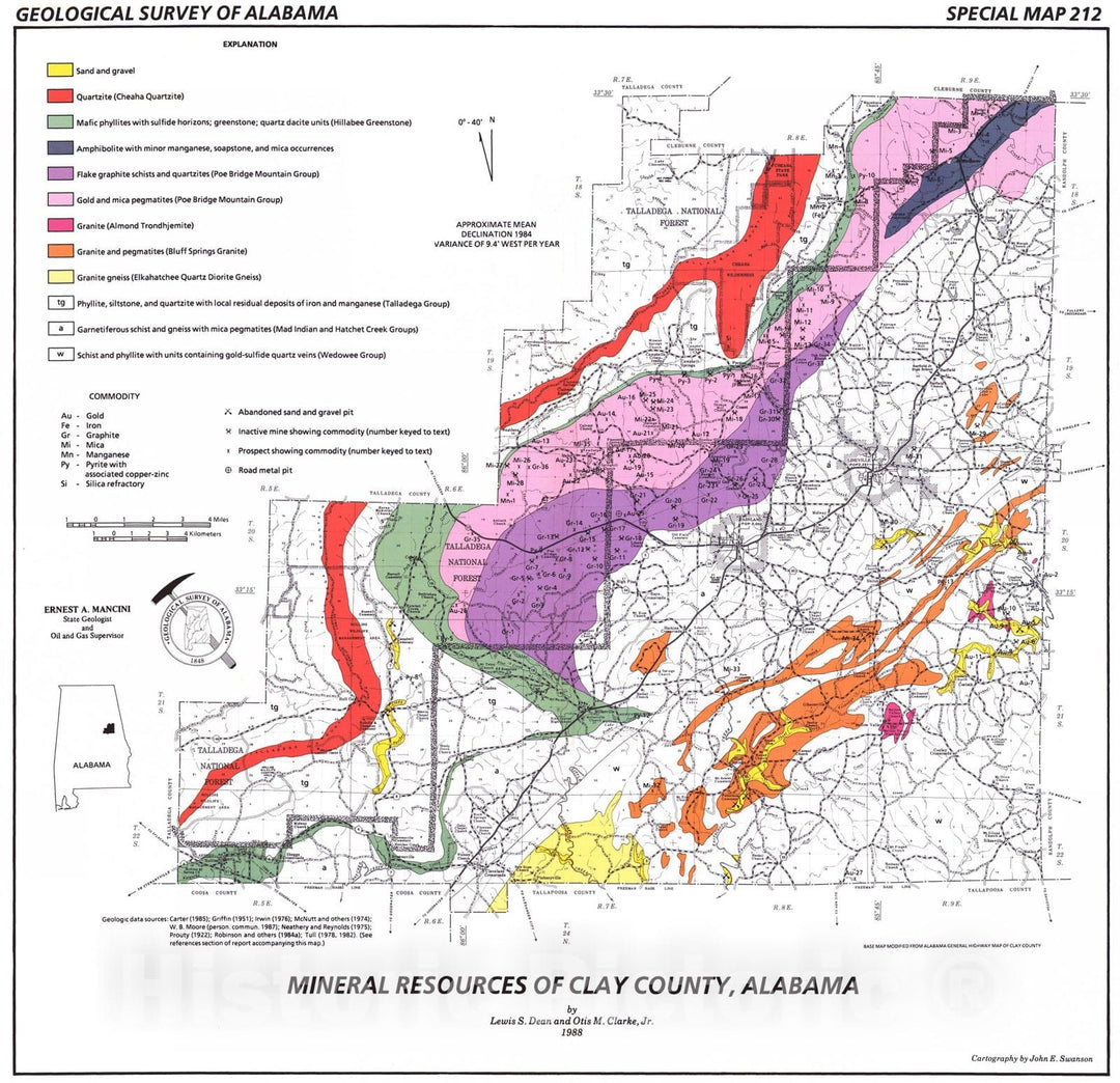 Map : Mineral resources of Clay County, Alabama, 1988 Cartography Wall Art :