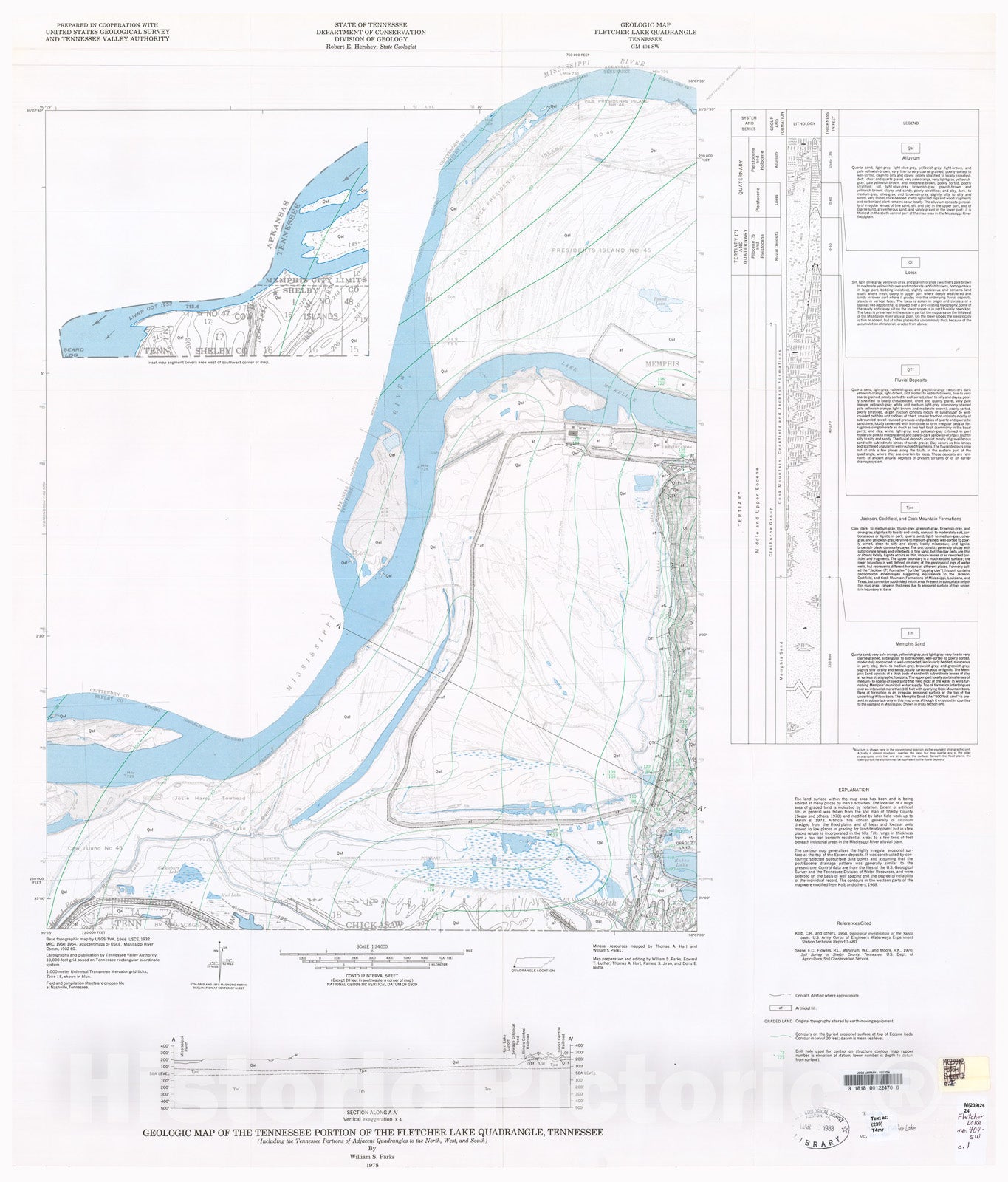 Map : Geologic Map and Mineral Resources Summary of the Fletcher Lake Quadrangle (Including the Tennessee part of Lake Cormorant, 1979 Cartography Wall Art :