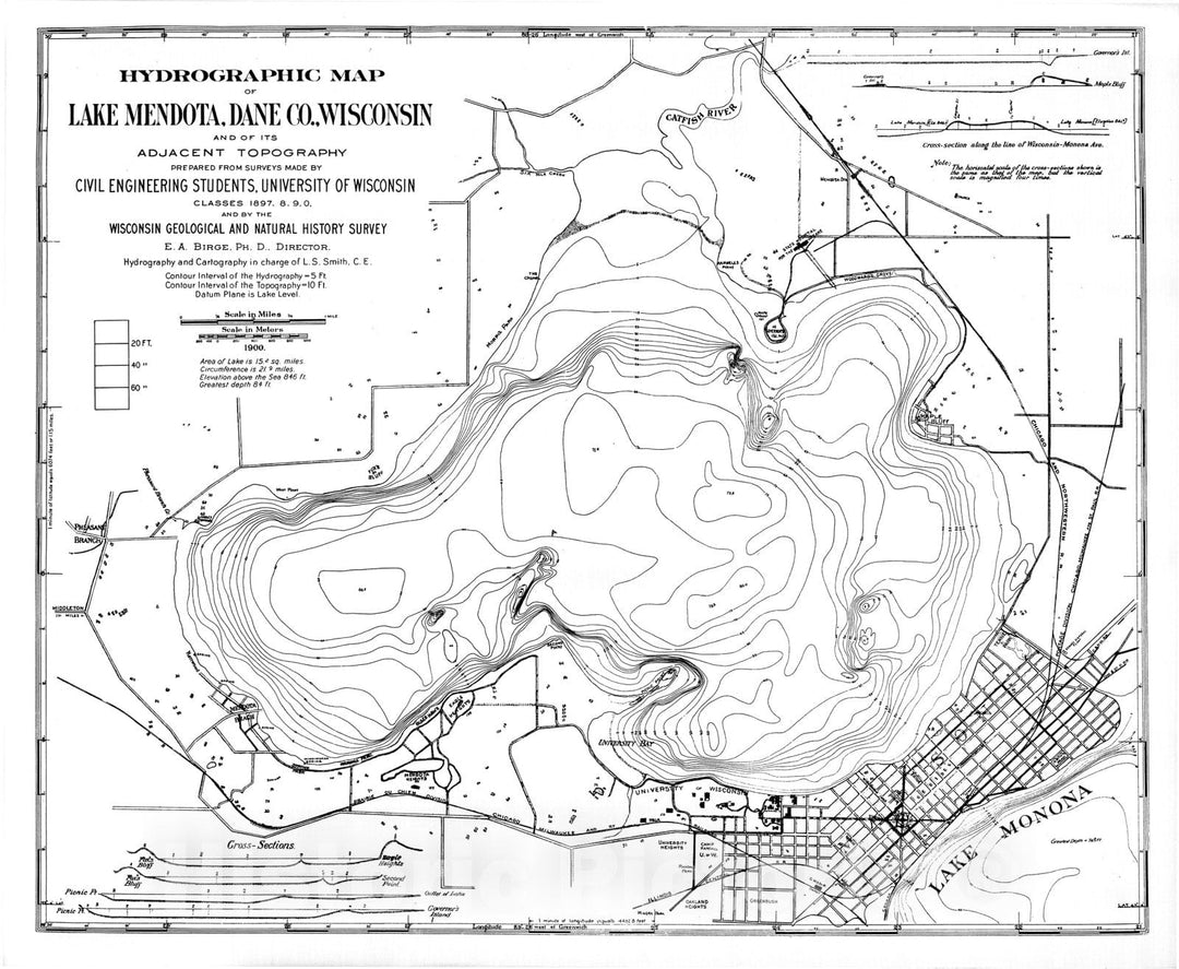 Map : Hydrographic Map of Lake Mendota, Dane County, Wisconsin, 1900 Cartography Wall Art :