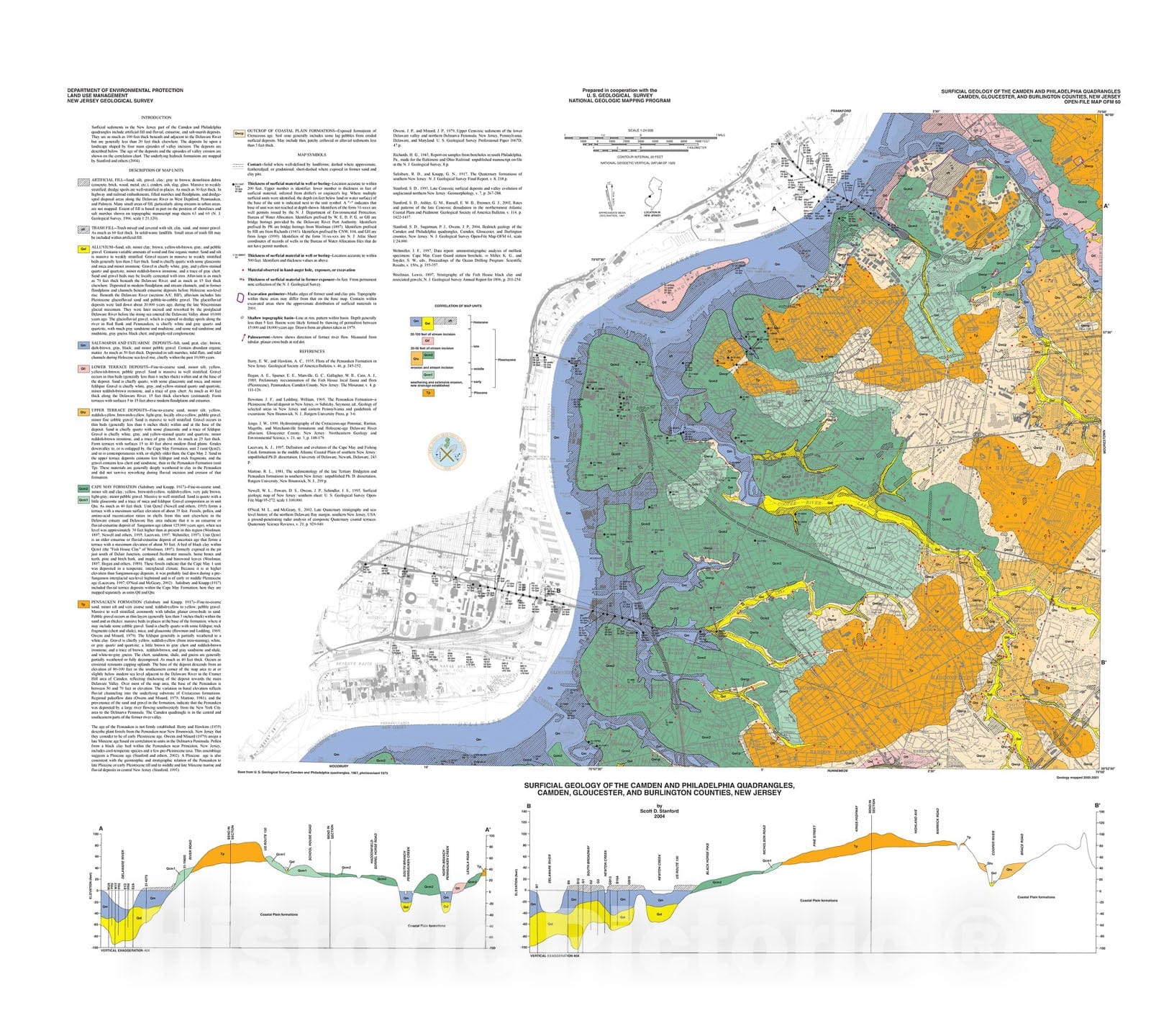 Map : Surficial geology of the Camden and Philadelphia quadrangles, Camden, Gloucester, and Burlington counties, New Jersey, 2004 Cartography Wall Art :