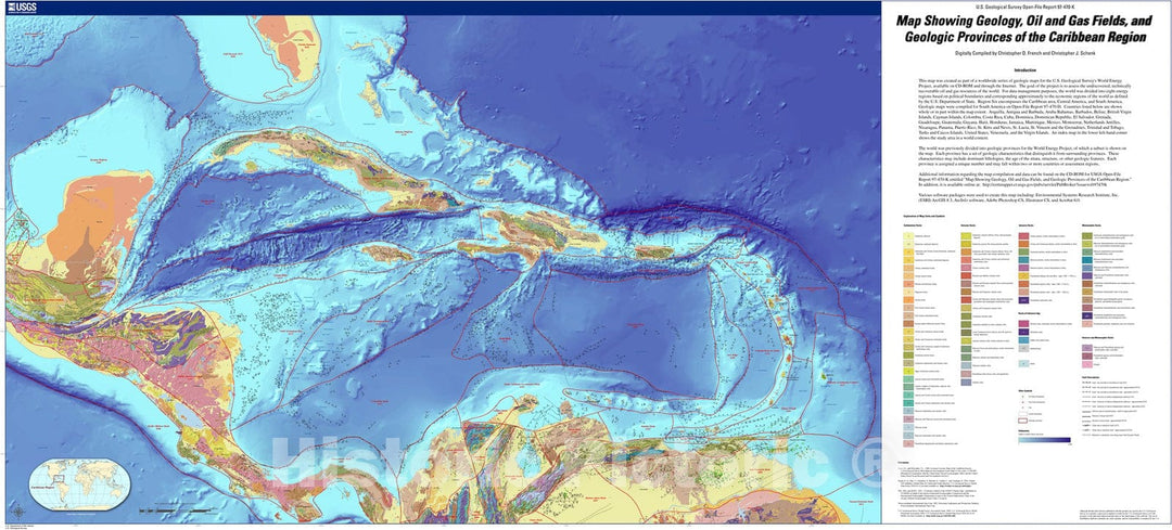 Map : Map showing geology, oil and gas fields, and geologic provinces of the Caribbean region, 2004 Cartography Wall Art :