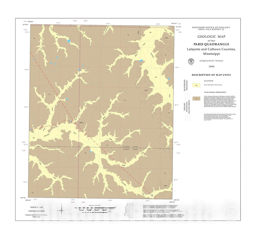 Map : Geologic map of the Paris quadrangle, Lafayette and Calhoun Counties, Mississippi, 1999 Cartography Wall Art :