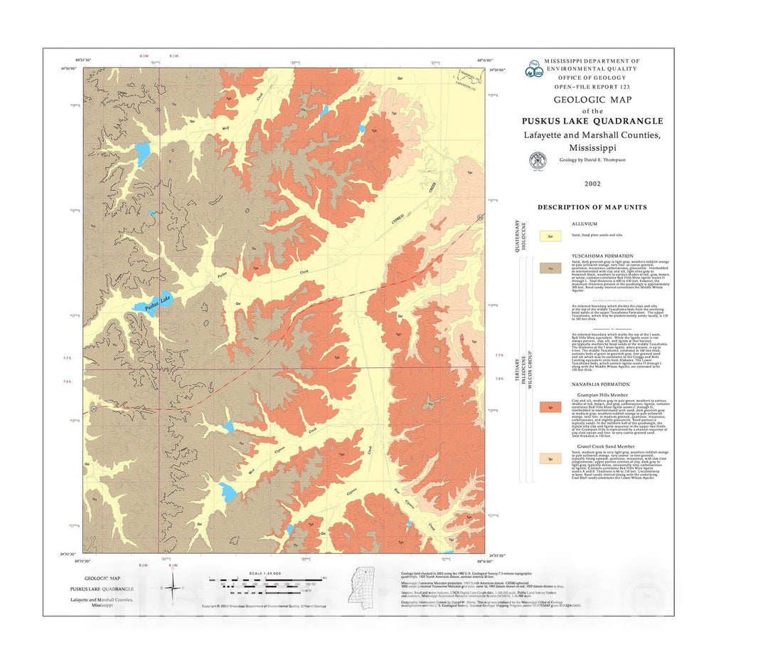 Map : Geologic map of the Puskus Lake quadrangle, Lafayette and Marshall Counties, Mississippi, 2002 Cartography Wall Art :