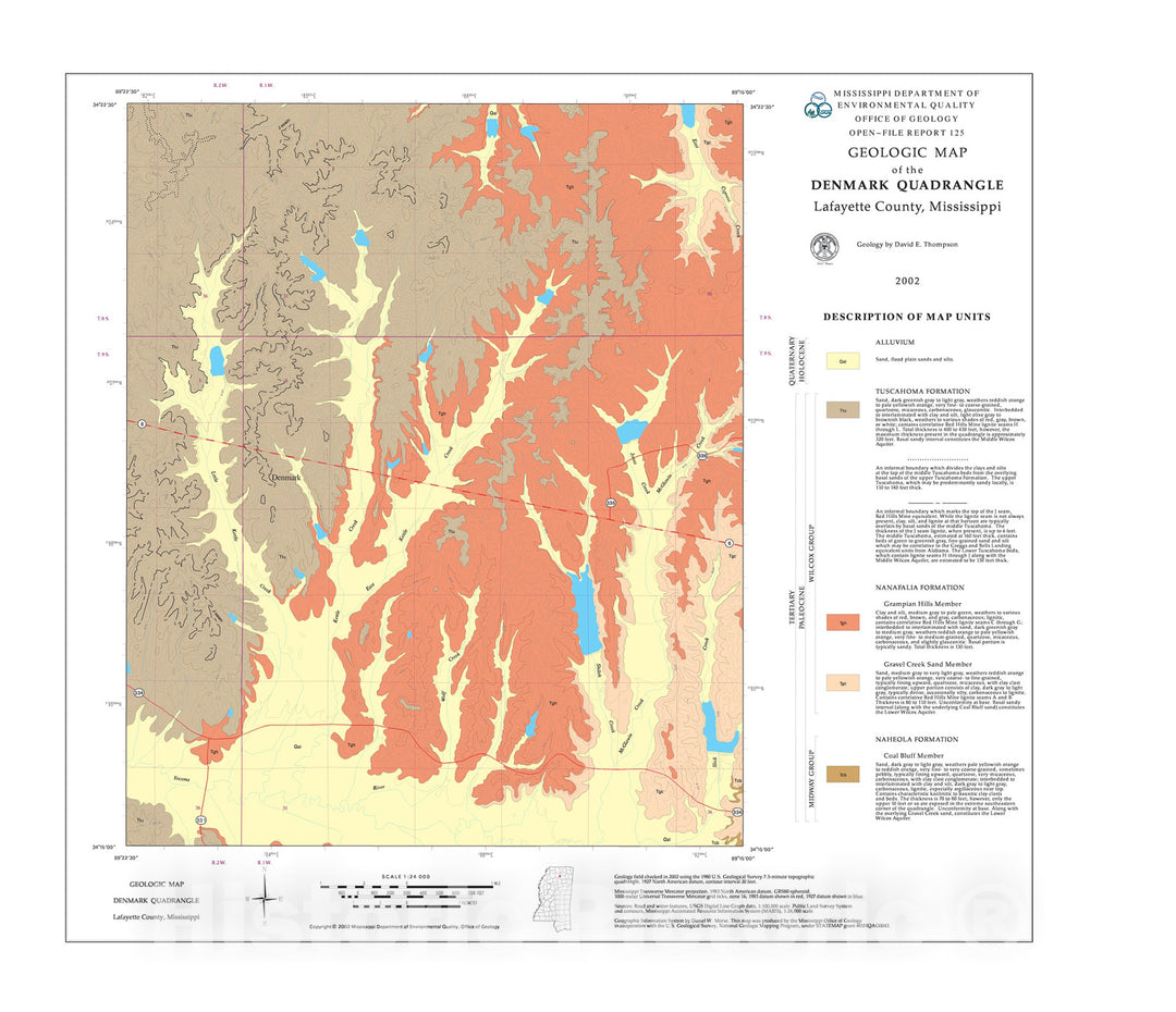 Map : Geologic map of the Denmark quadrangle, Lafayette County, Mississippi, 2002 Cartography Wall Art :