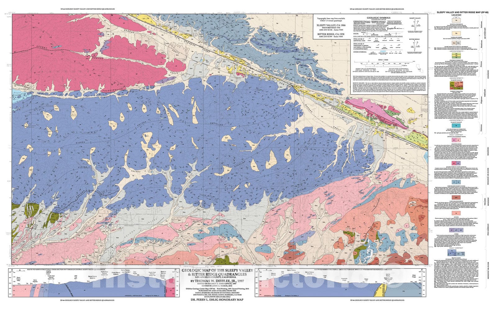 Map : Geologic map of the Sleepy Valley and Ritter Ridge quadrangles, Los Angeles County, California, 1997 Cartography Wall Art :