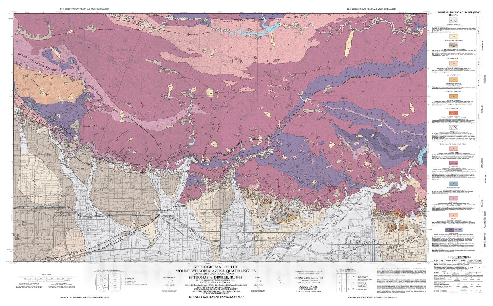 Map : Geologic map of the Mt. Wilson and Azusa quadrangles, Los Angeles County, California, 1998 Cartography Wall Art :