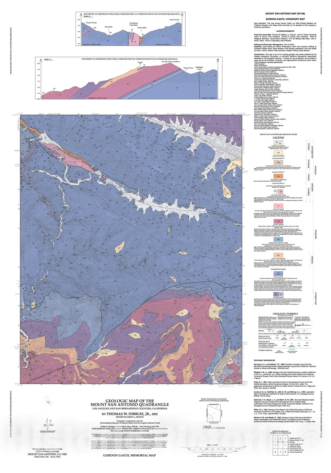 Map : Geologic map of the Mount San Antonio quadrangle, Los Angeles and San Bernardino Counties, California, 2002 Cartography Wall Art :